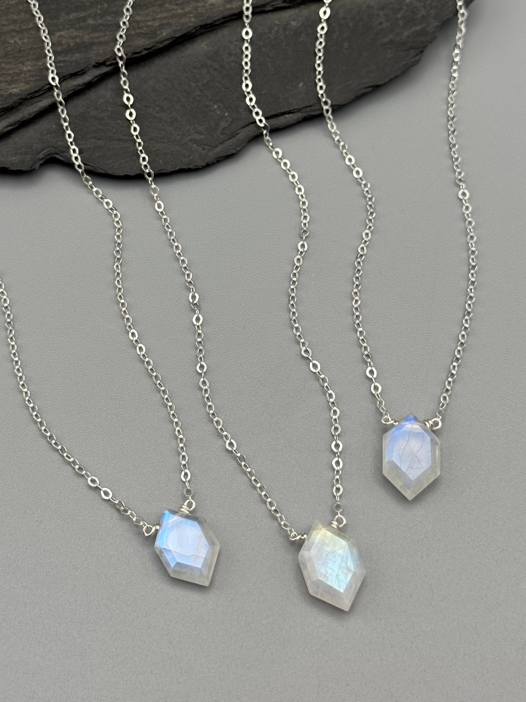 •STRAY• faceted rainbow moonstone lil' hex + silver necklace (various lengths)