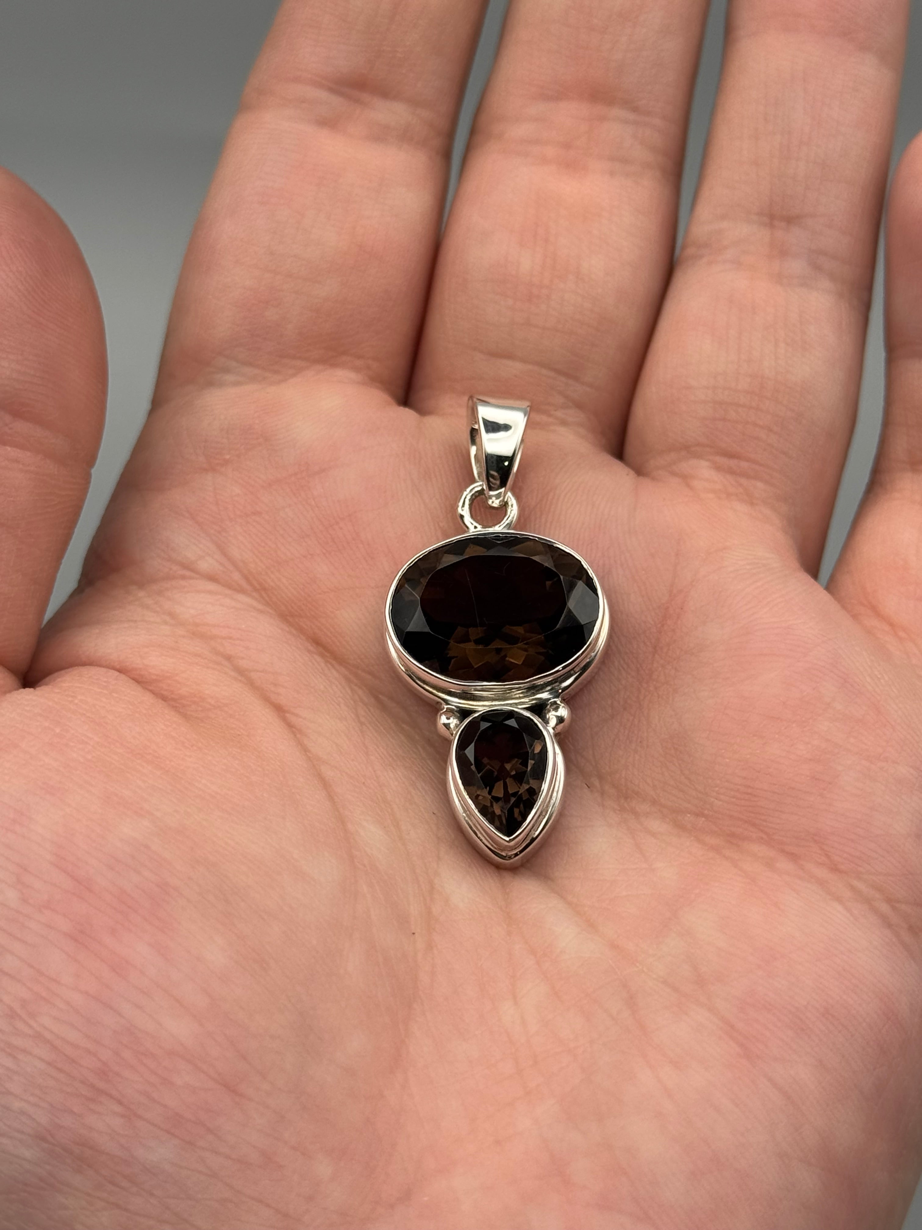 •SMOKY QUARTZ - FACETED DUO• sterling silver pendant