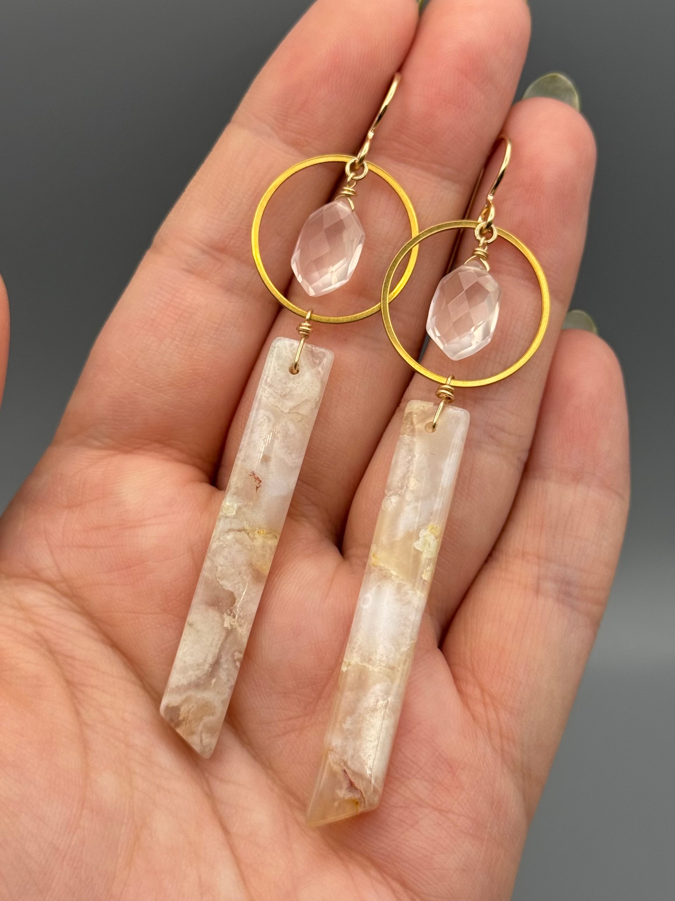 •LUNA• rose quartz + cherry blossom agate gold earrings