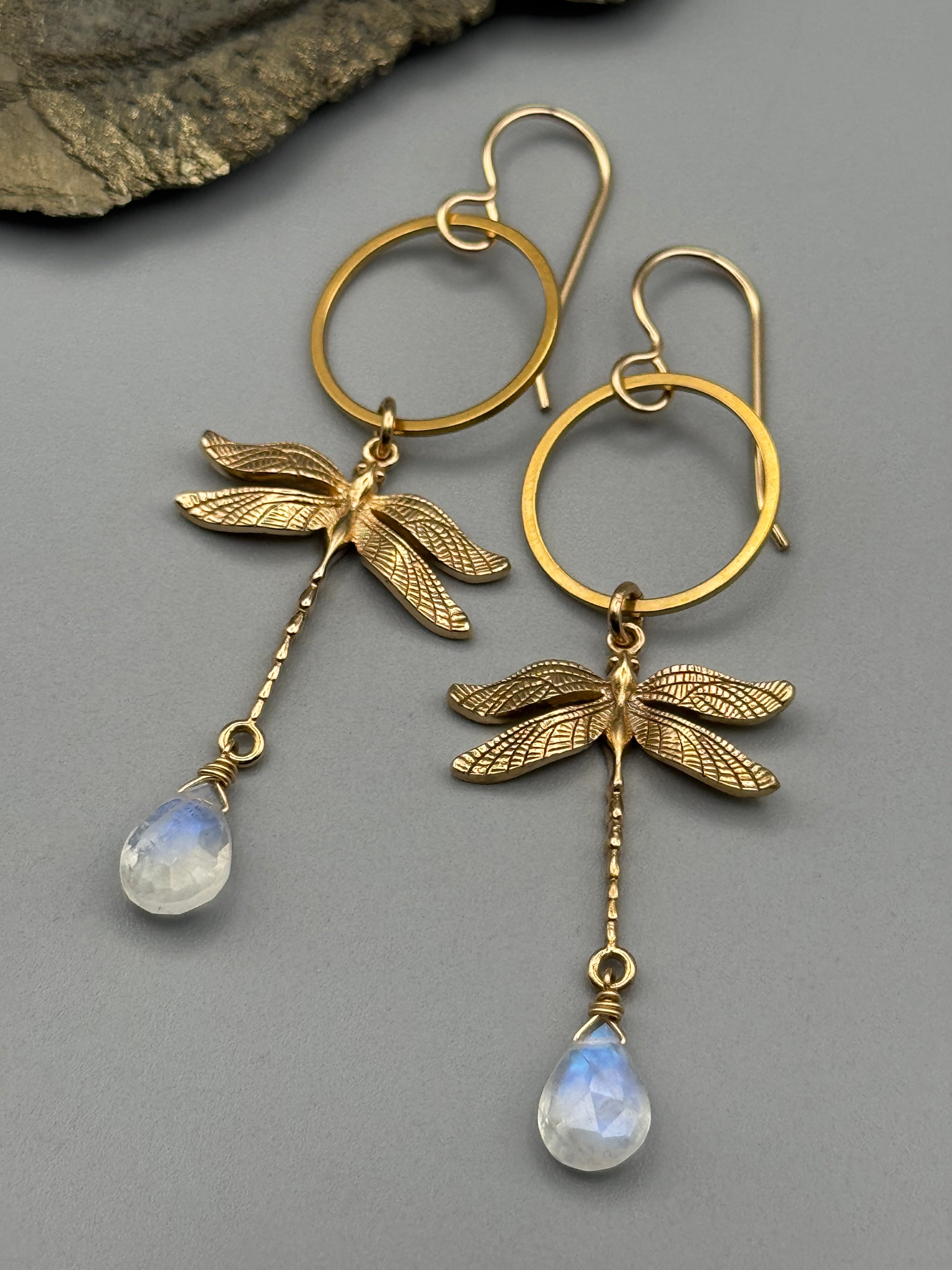 •ODONATA• rainbow moonstone + gold earrings