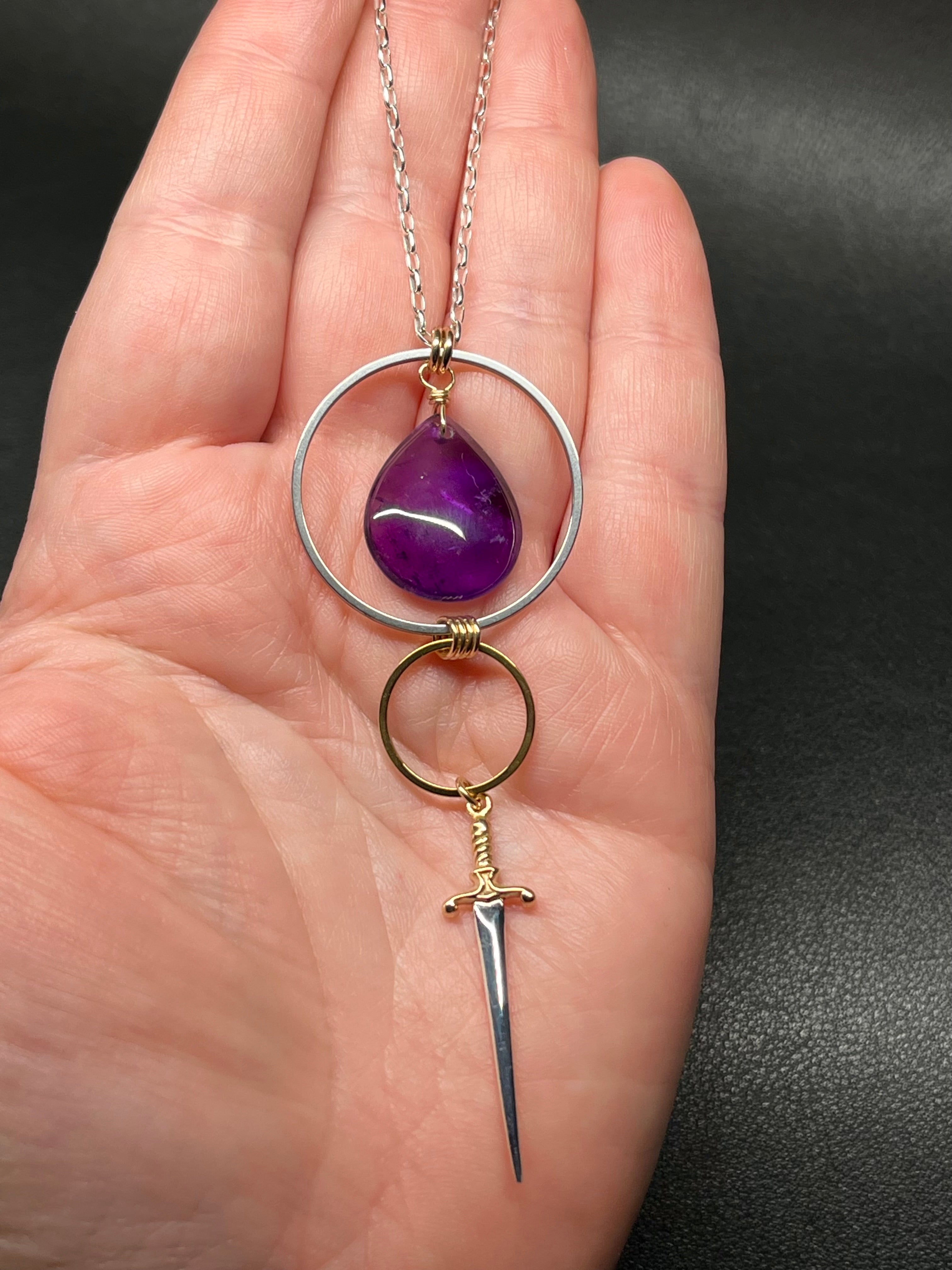 •NYX• amethyst + dagger + mixed metal necklace (26"-28")