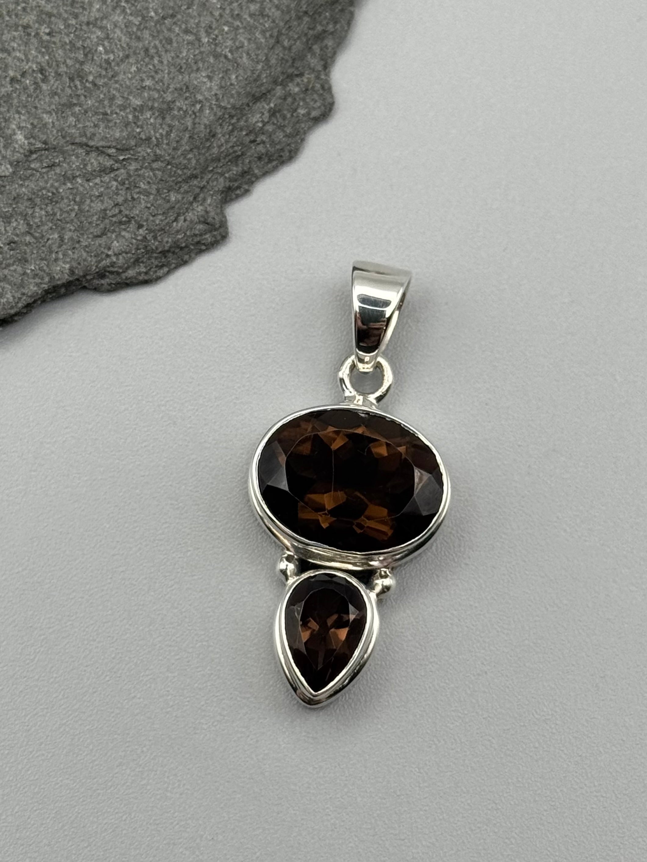 •SMOKY QUARTZ - FACETED DUO• sterling silver pendant