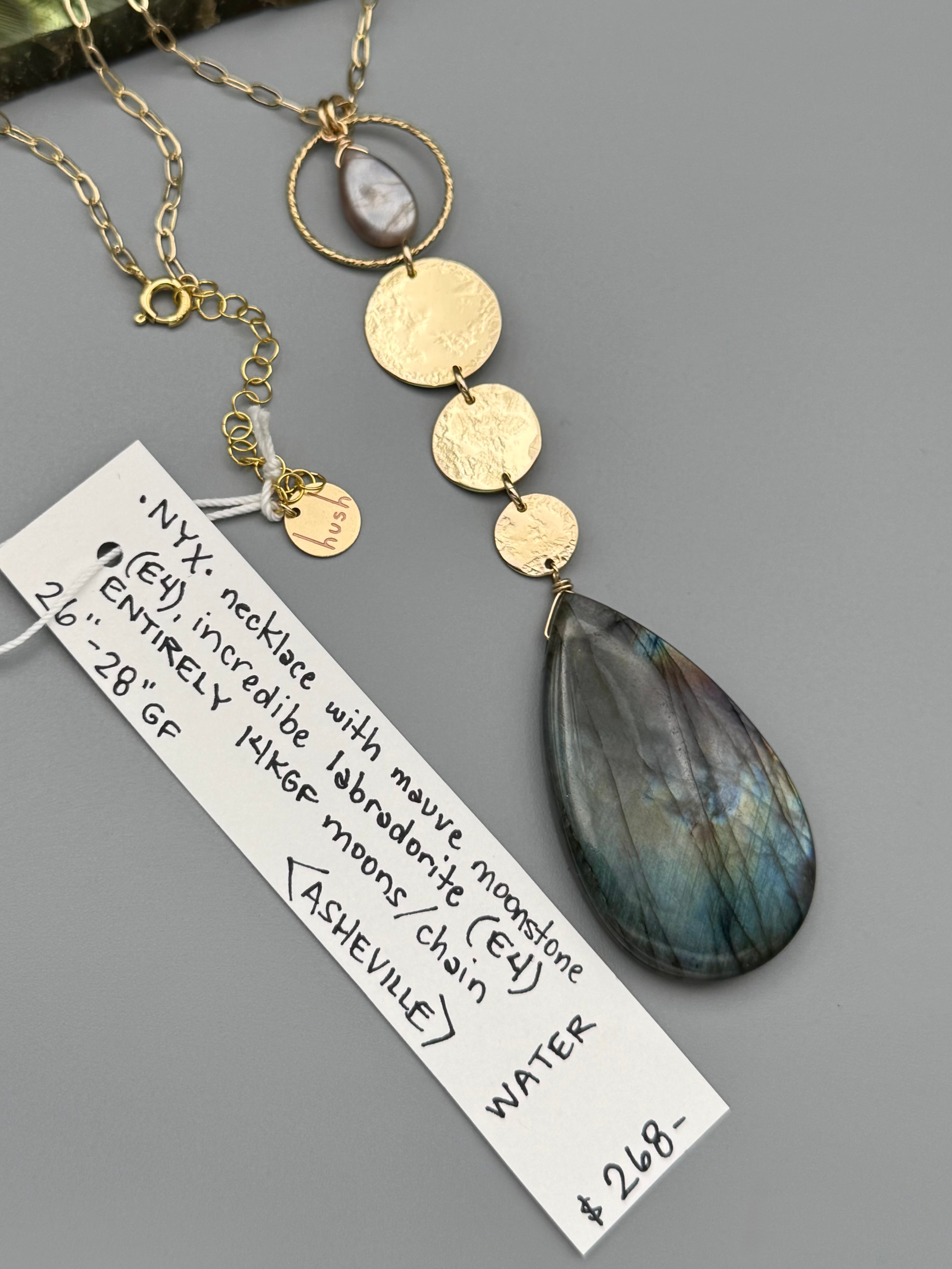 •NYX• mauve moonstone + labradorite gold necklace (26"-28" long)