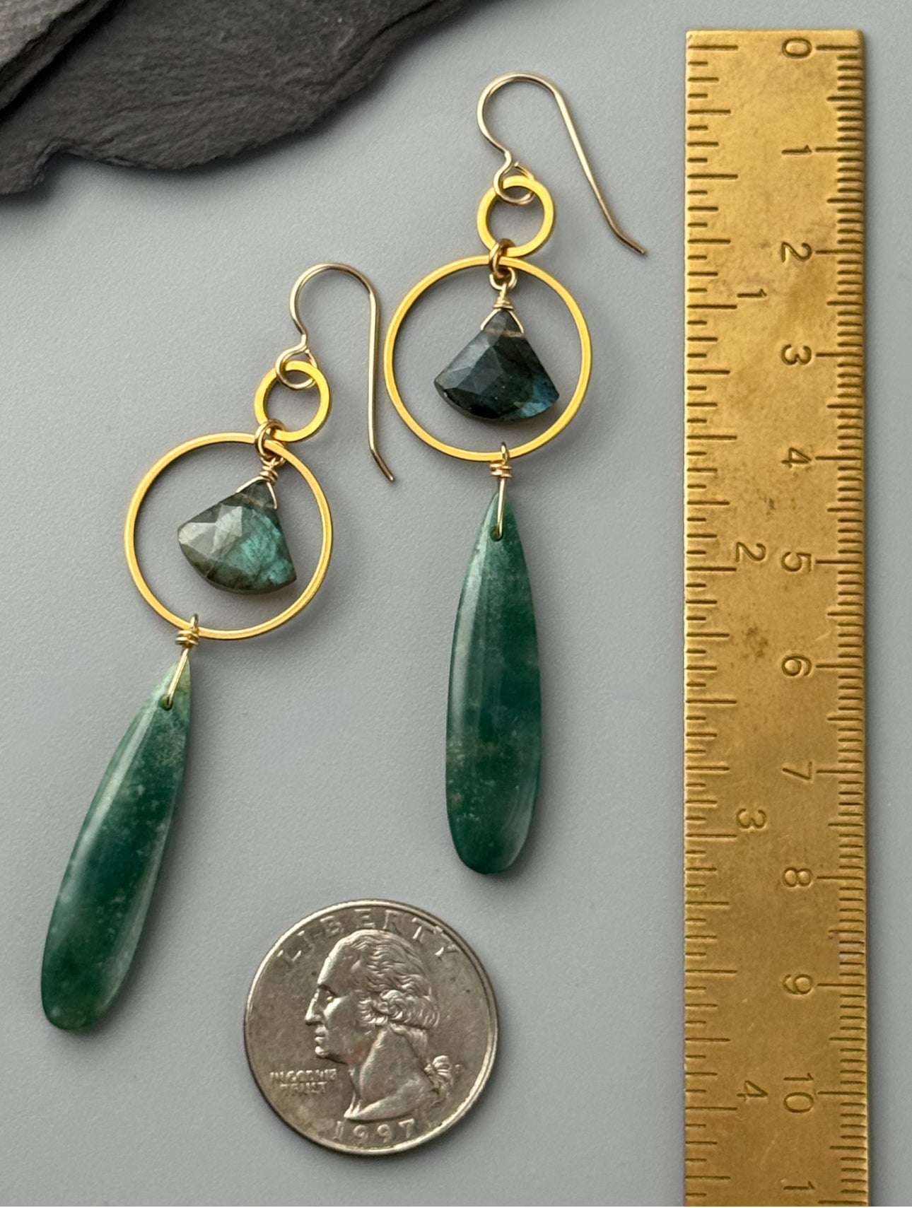 •EQUA-LUNA• labradorite + green mountain jade gold earrings