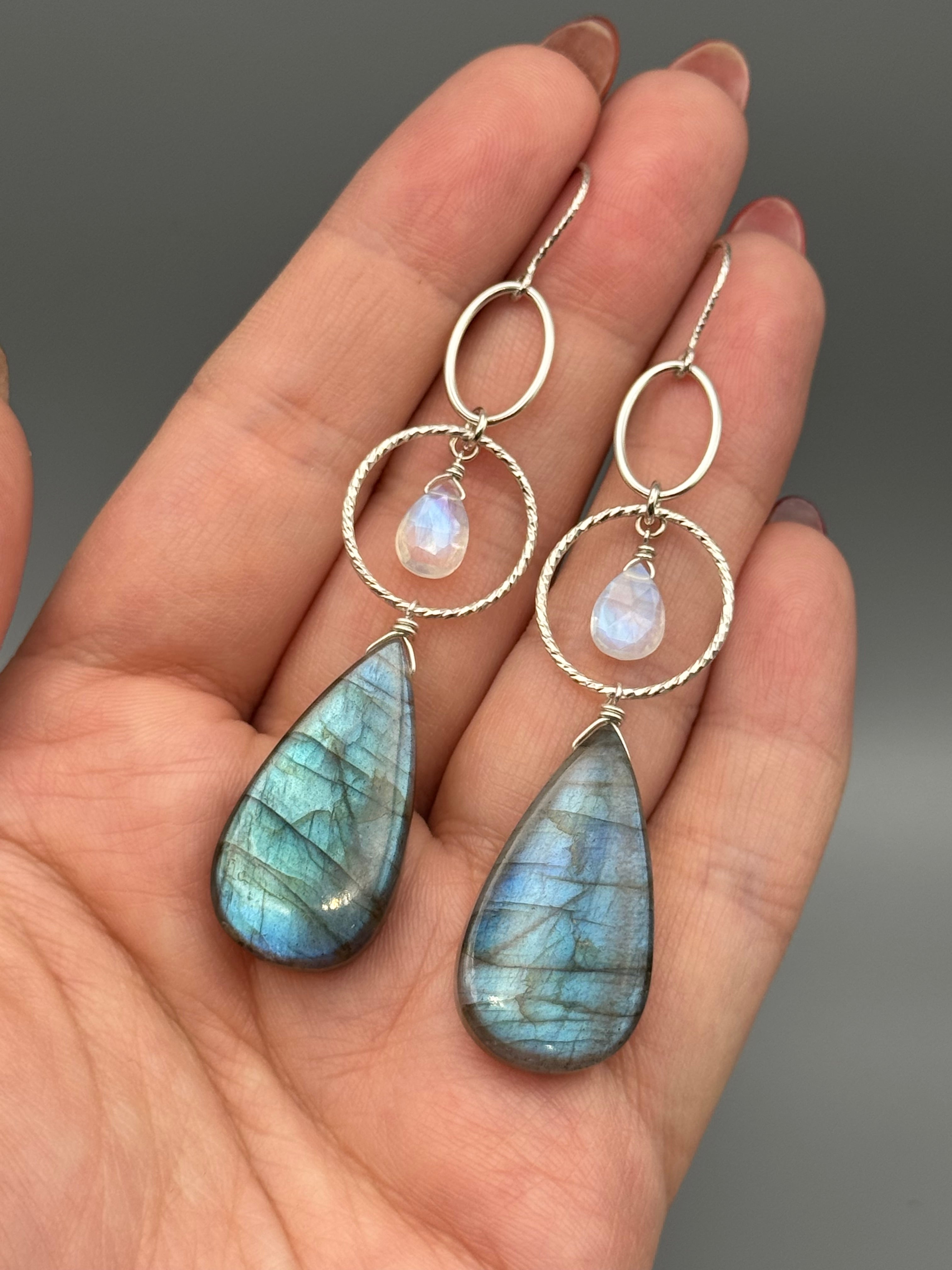 •4 OF CUPS• rainbow moonstone + labradorite silver earrings