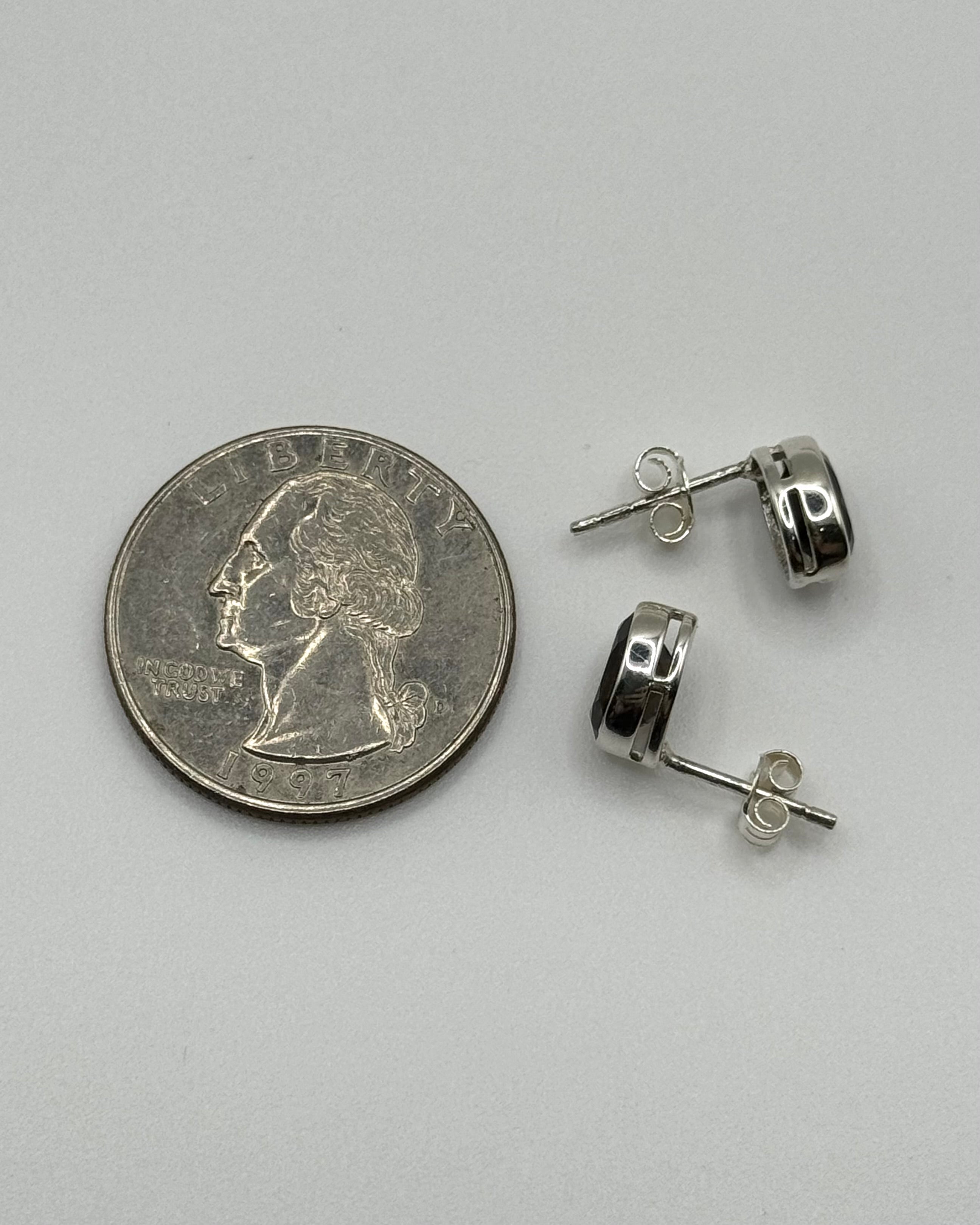 •FACETED SMOKY QUARTZ - LIL' OVAL• silver bezel set stud earrings