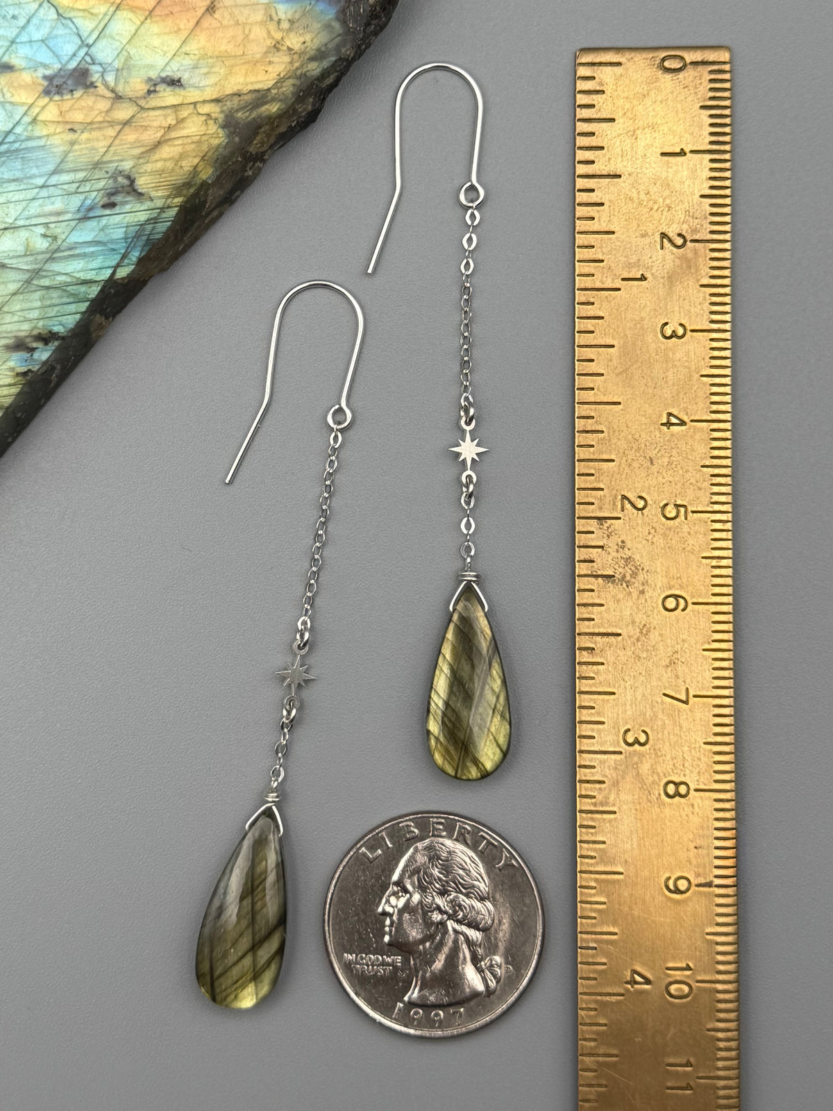 •STARFALL• golden labradorite tear + silver earrings