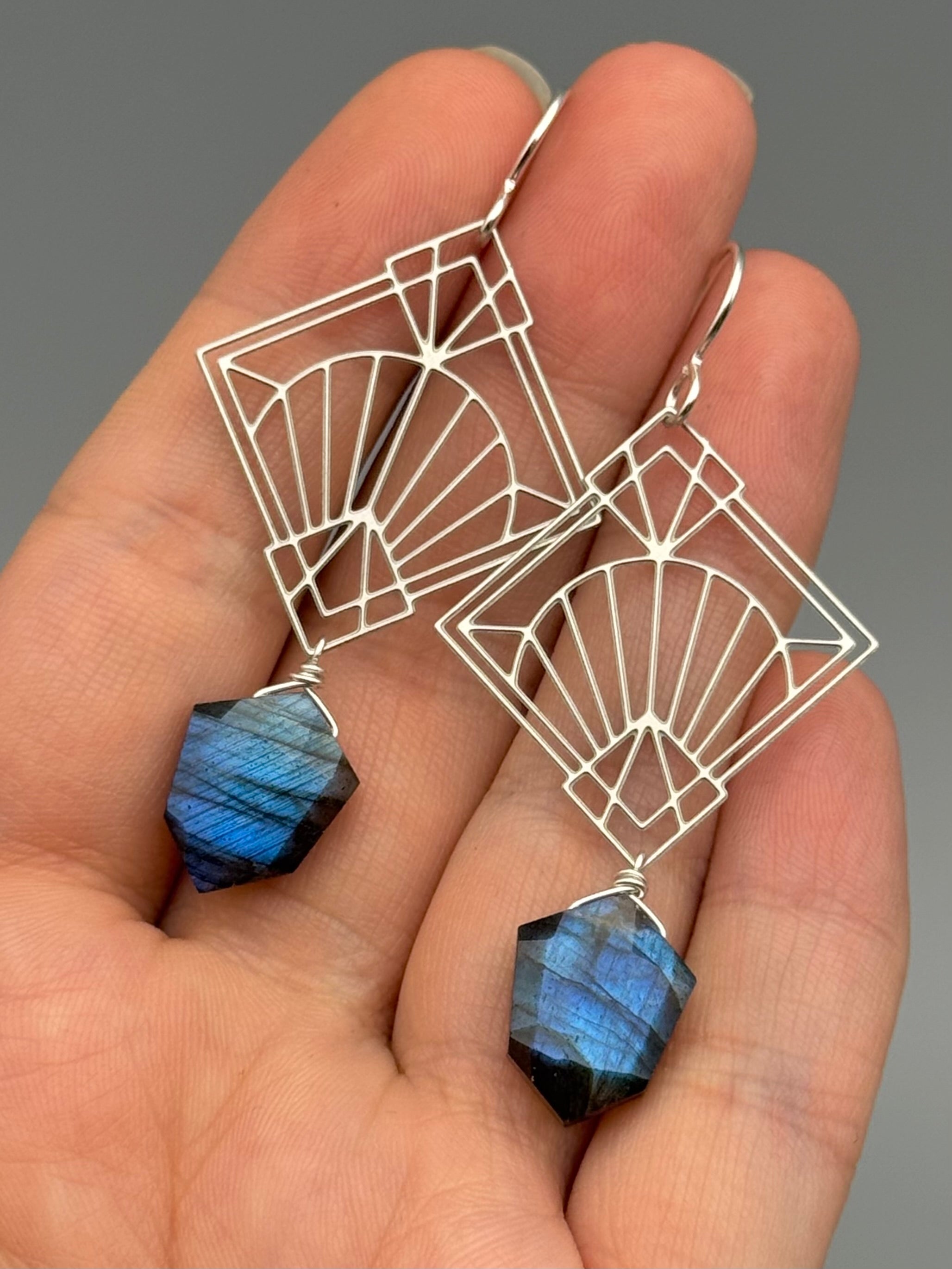 •DECO DIAMOND• labradorite shield + silver earrings