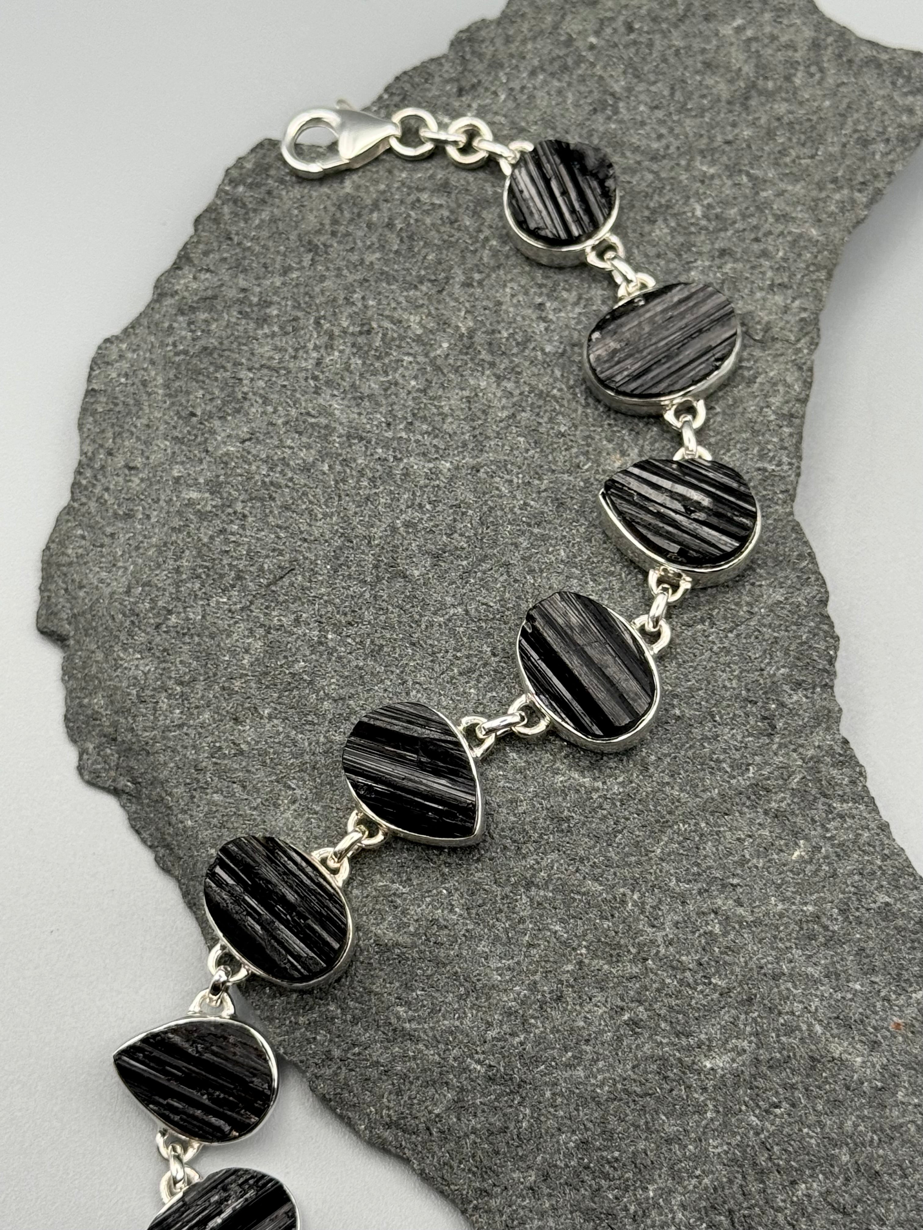 •BLACK TOURMALINE - GEO MIX• linked silver bracelet (7.25" - 9")