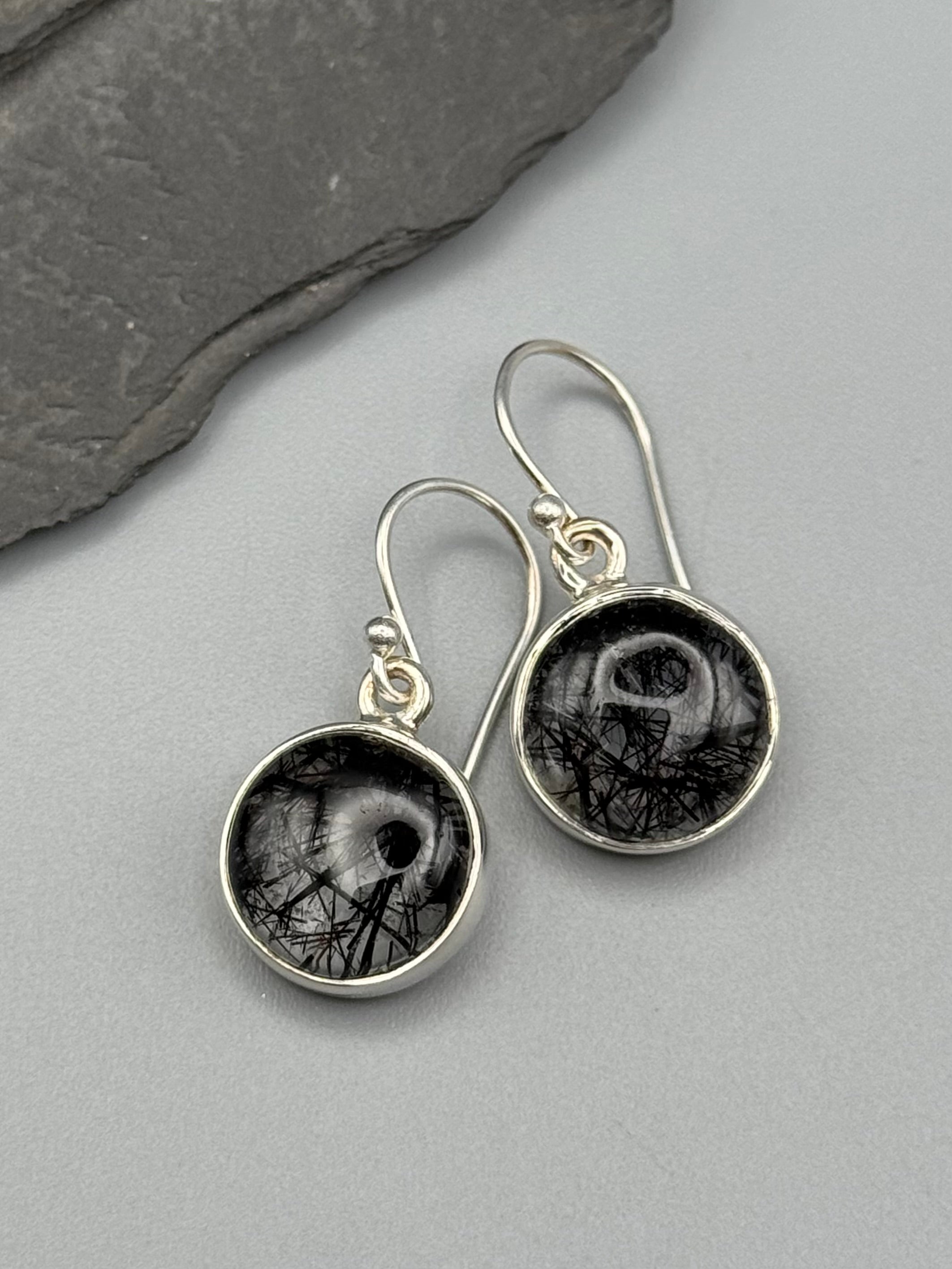 •SIMPLE CIRCLE• tourmalinated quartz + silver dangle earrings