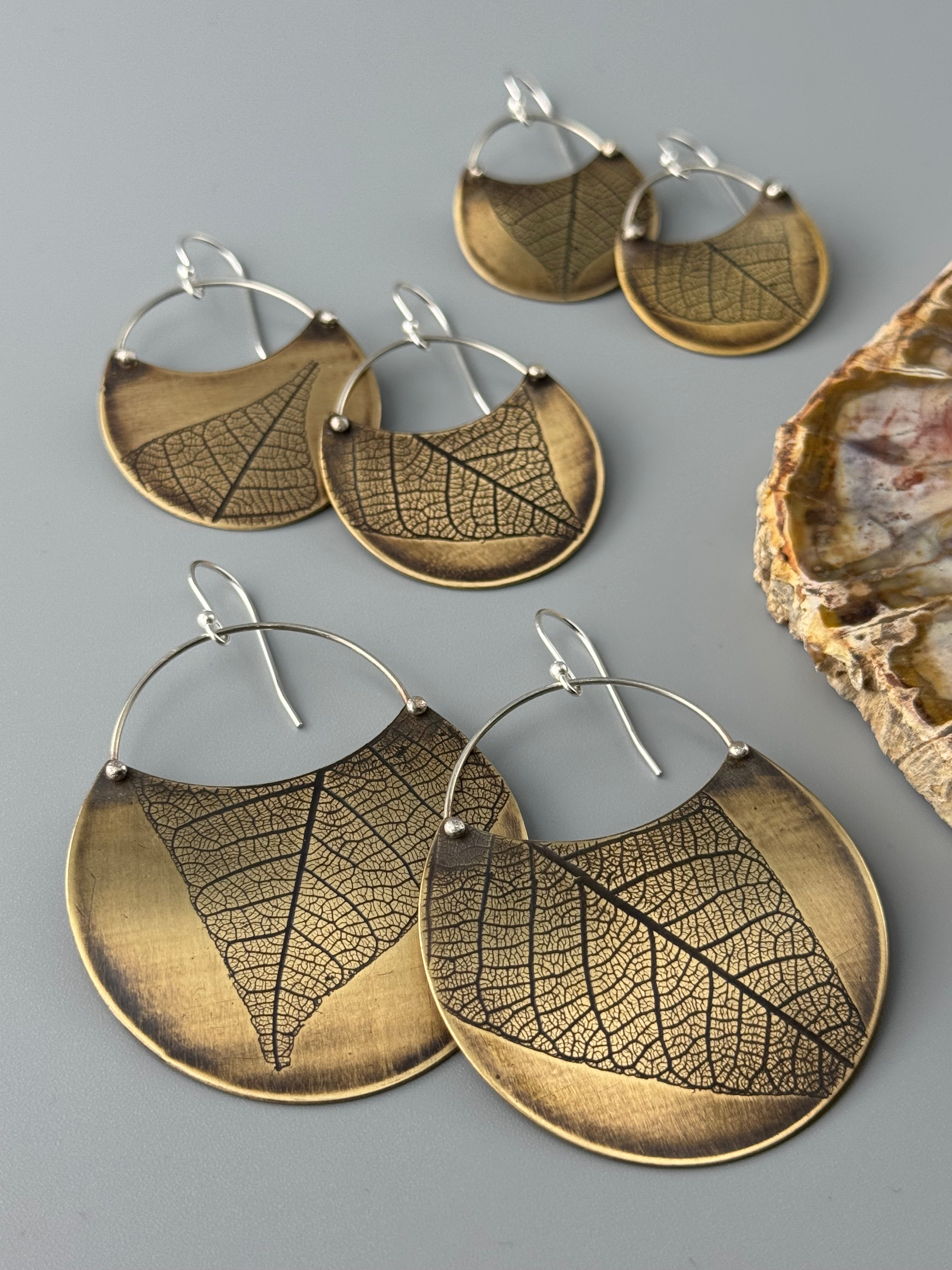 •LEAF CRESCENT• mixed metal dangle earrings