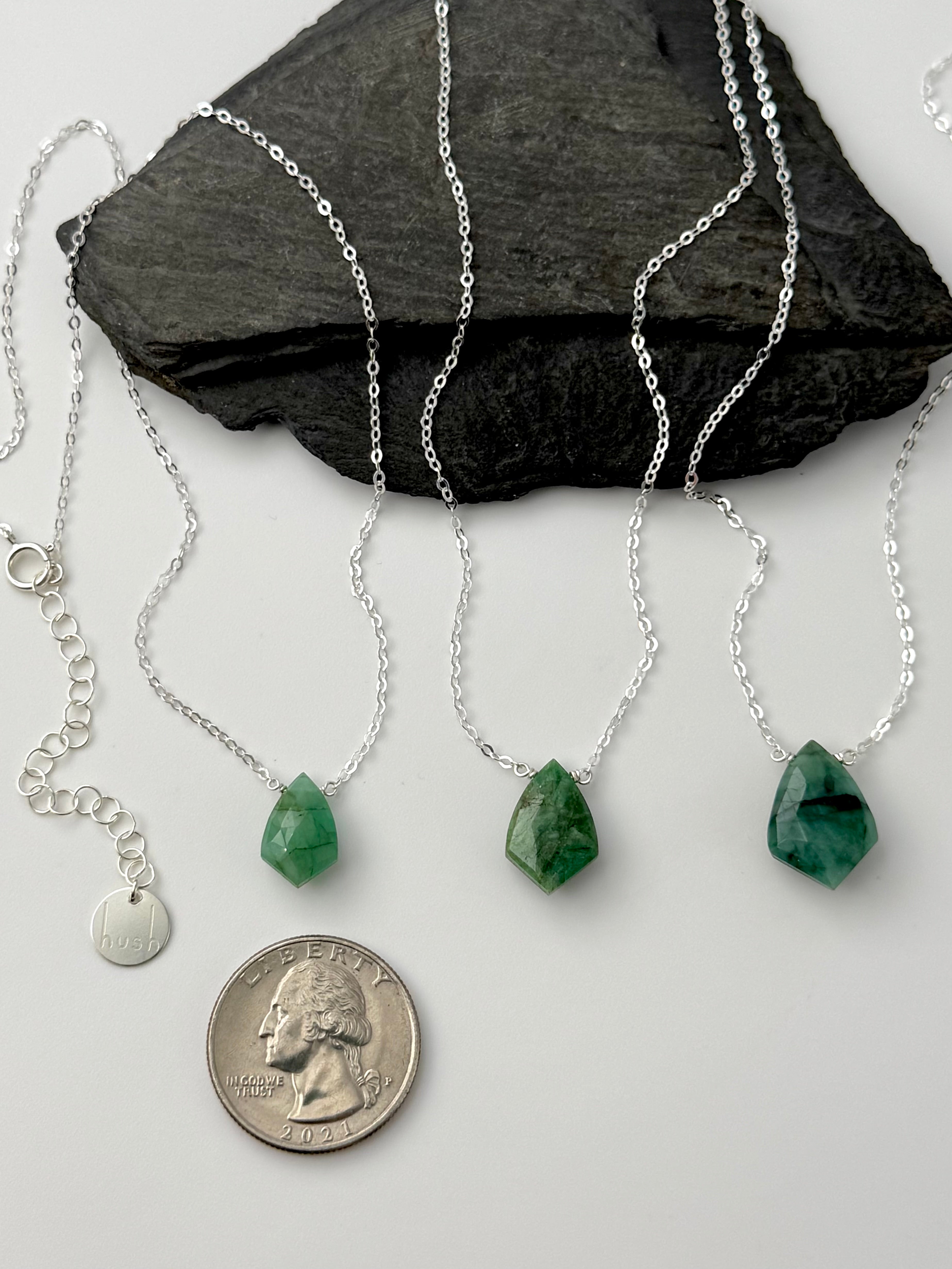•STRAY• faceted emerald sparrows + silver necklace (various lengths)