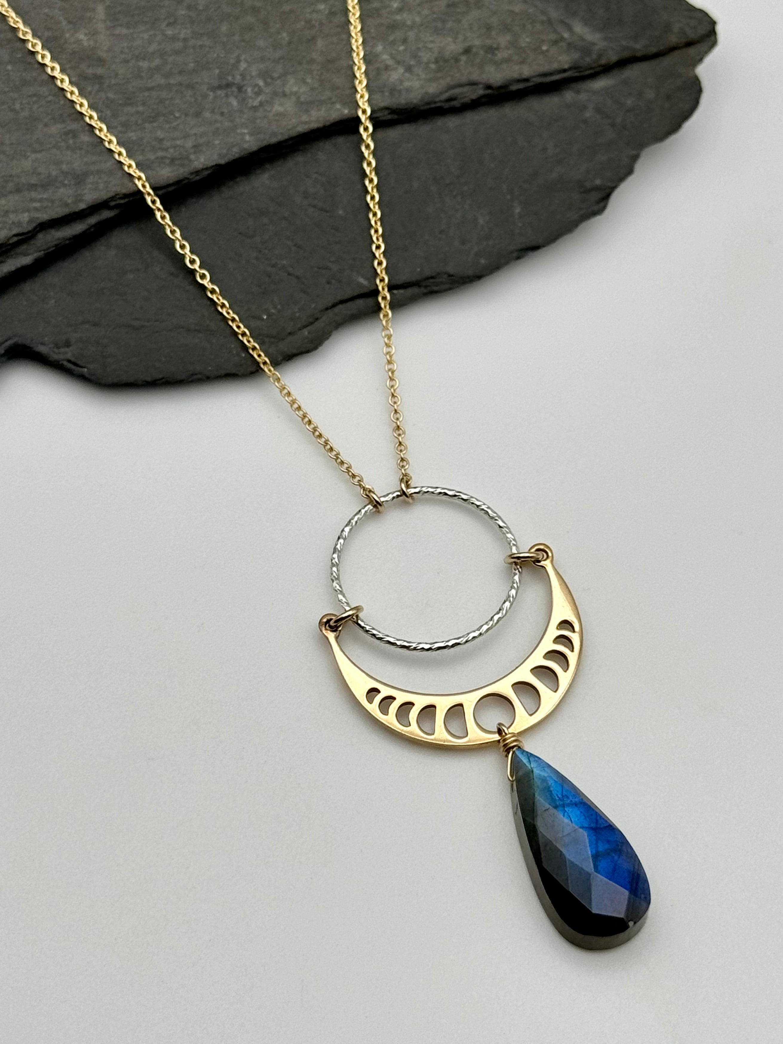 •NYX• labradorite + moonphases + mixed metal necklace (16"-18" long)
