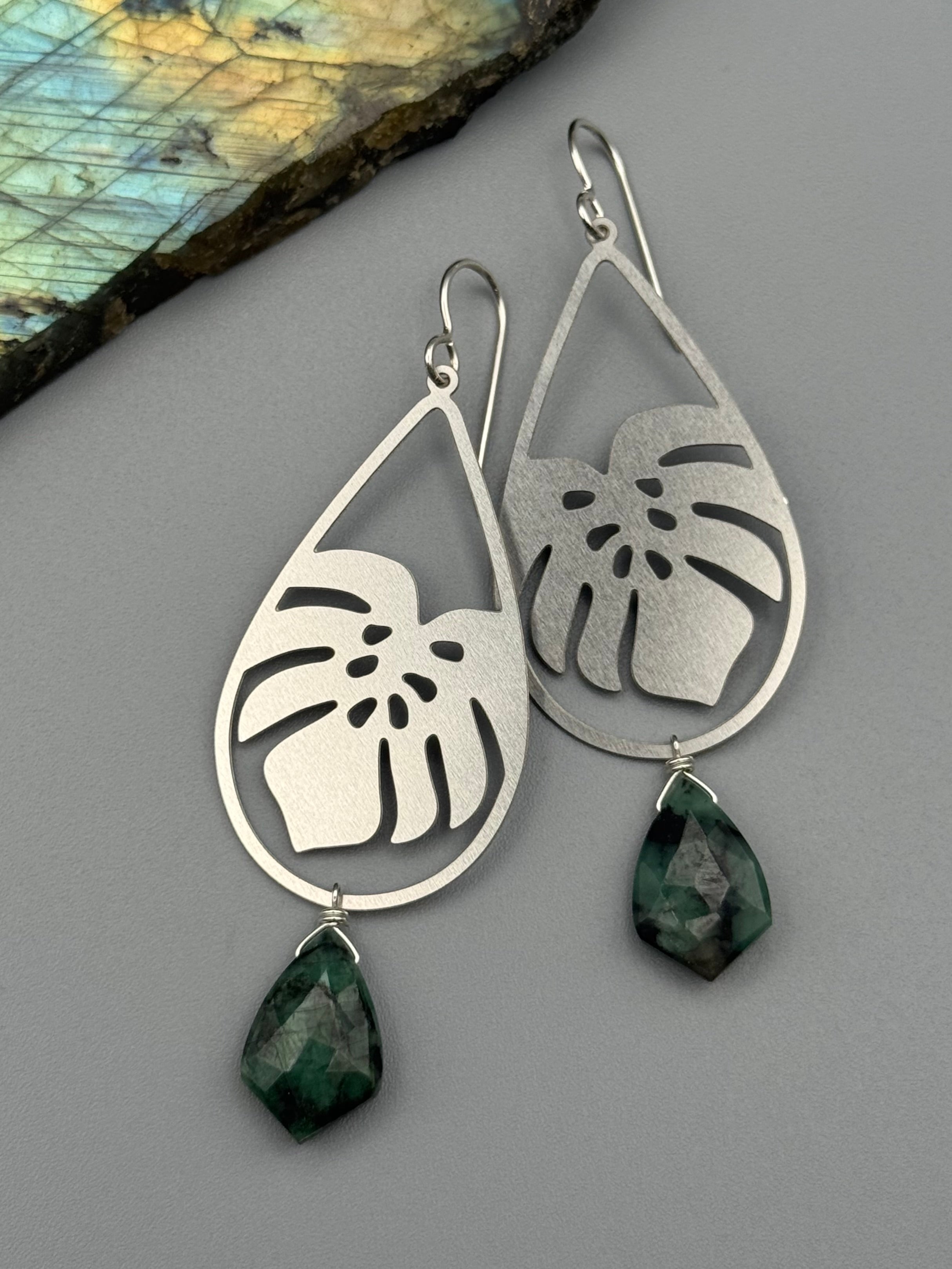 •MONSTERA• emerald + silver earrings