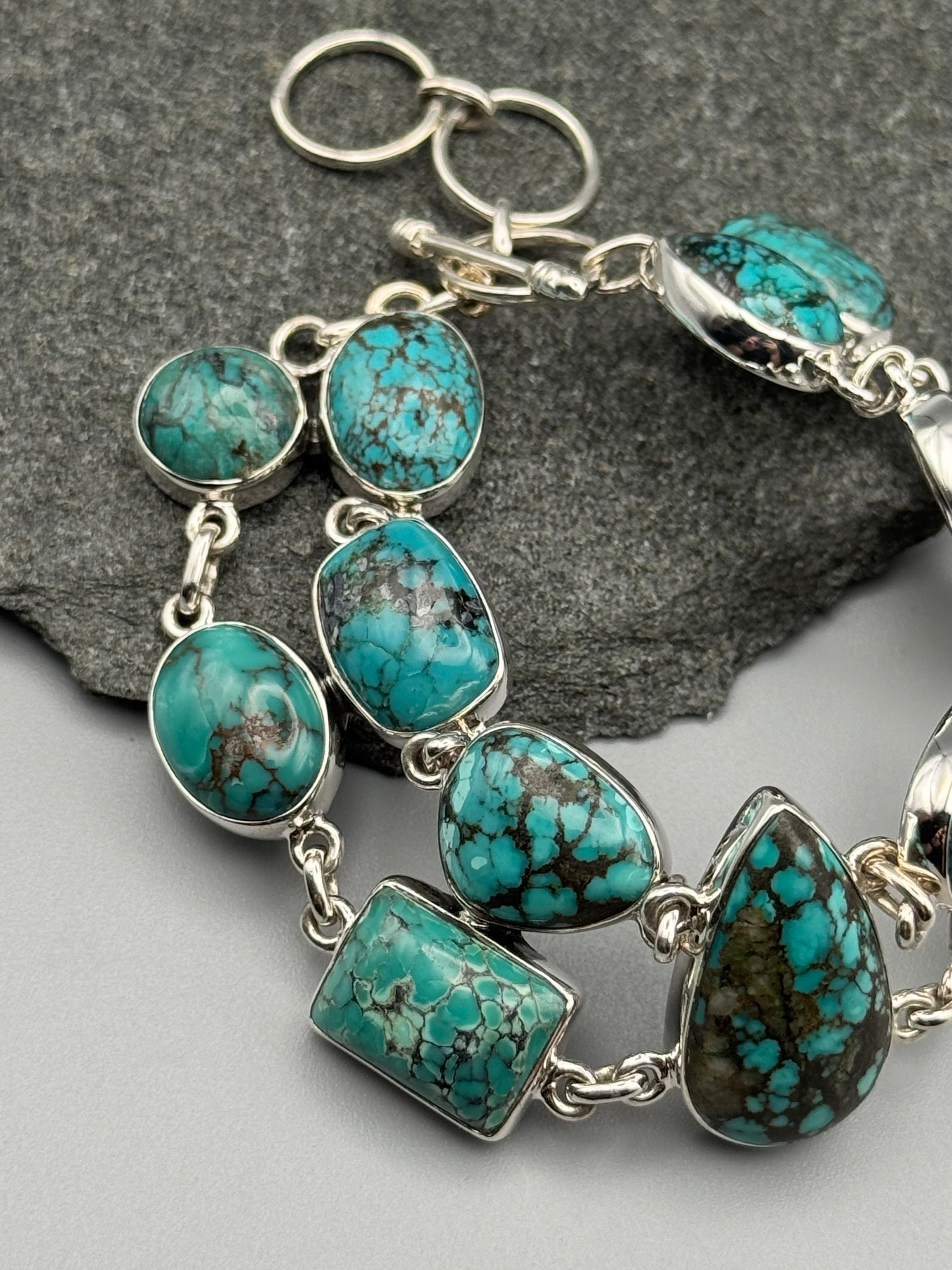 •TIBETAN TURQUOISE - TWOFOLD• linked silver bracelet (7" - 8")