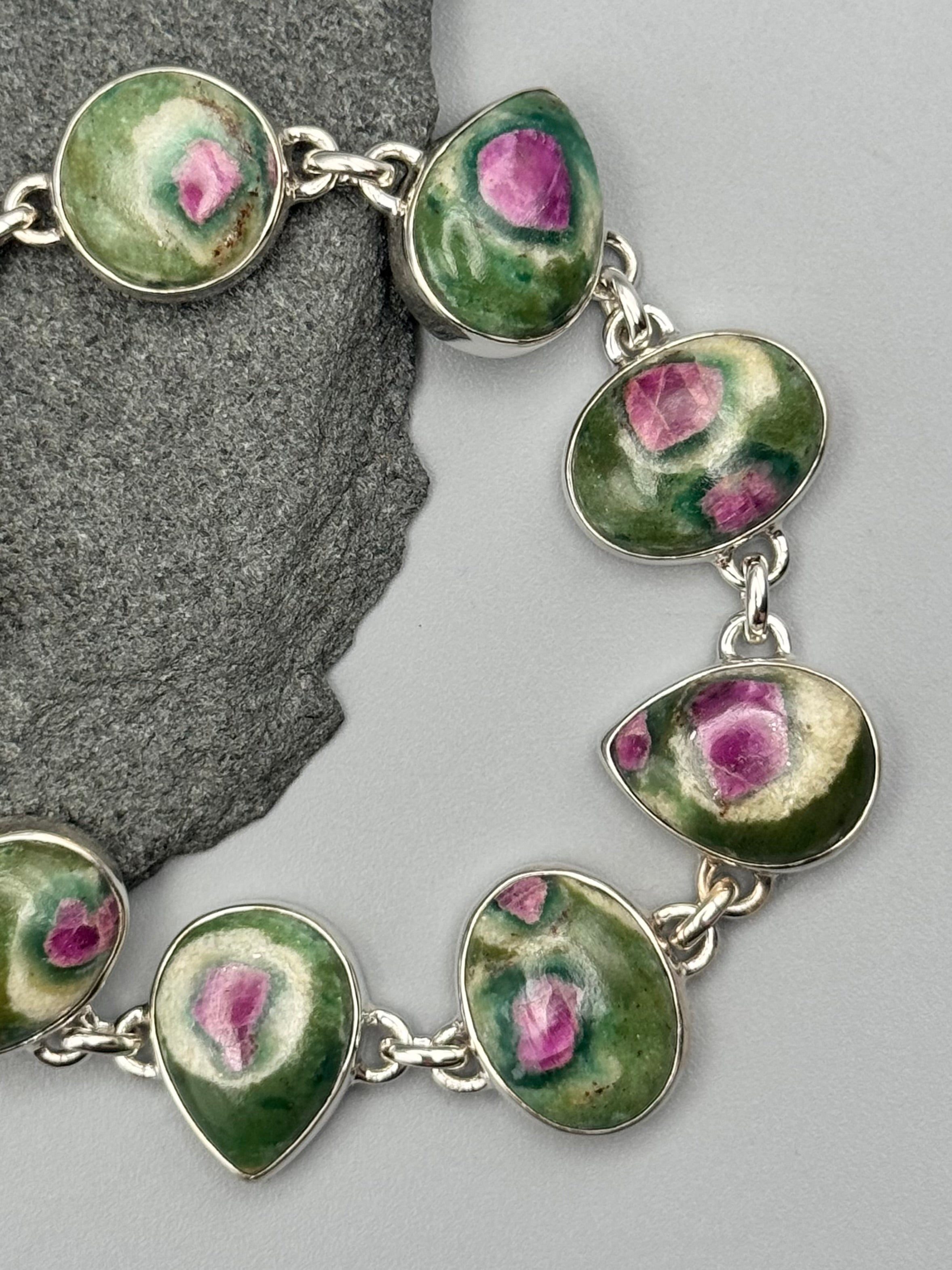 •RUBY FUCHSITE - GEO MIX• linked silver bracelet (7.25" - 8.5")