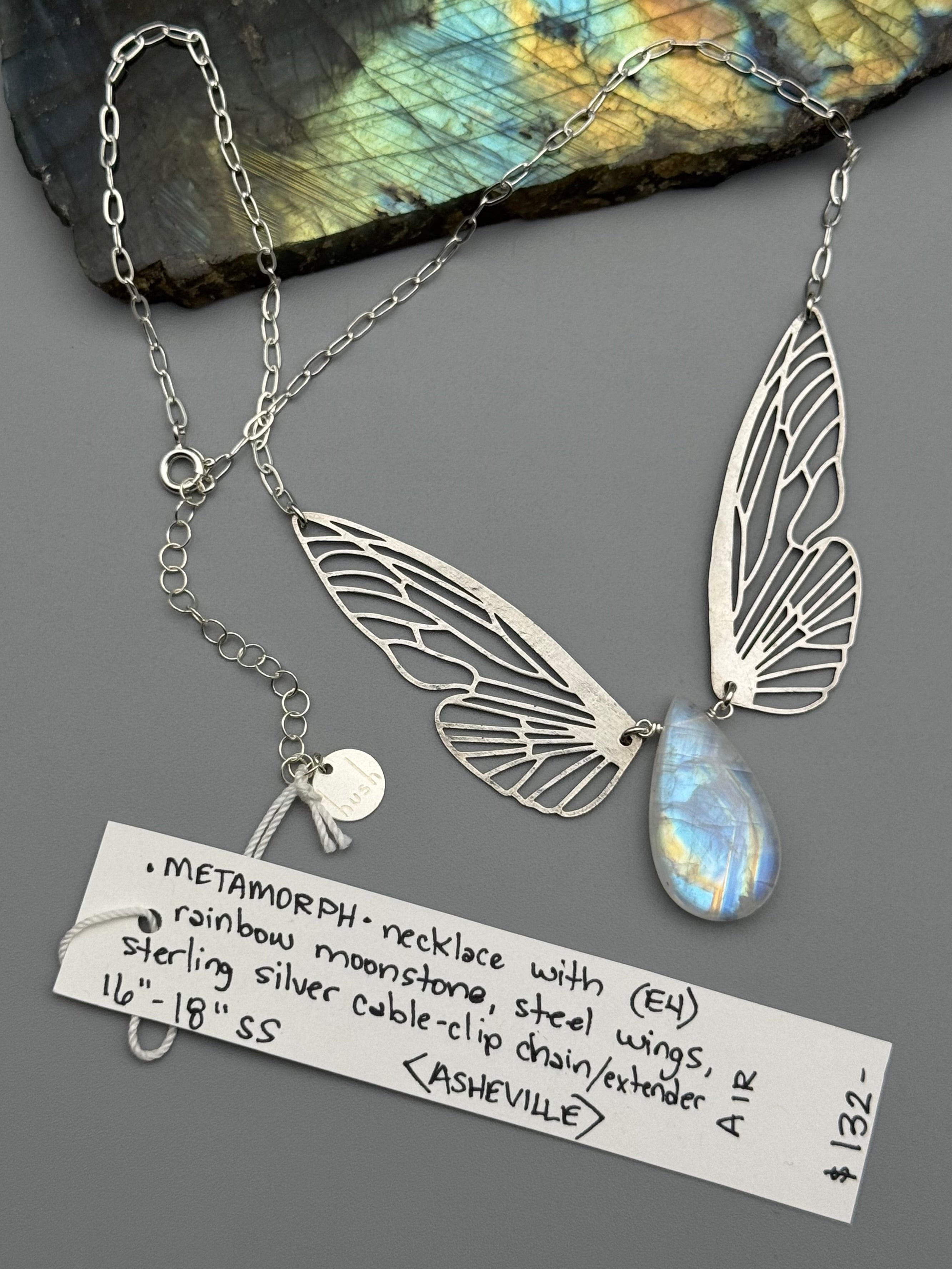 •METAMORPH• rainbow moonstone tear + silver necklace (16"-18" long)