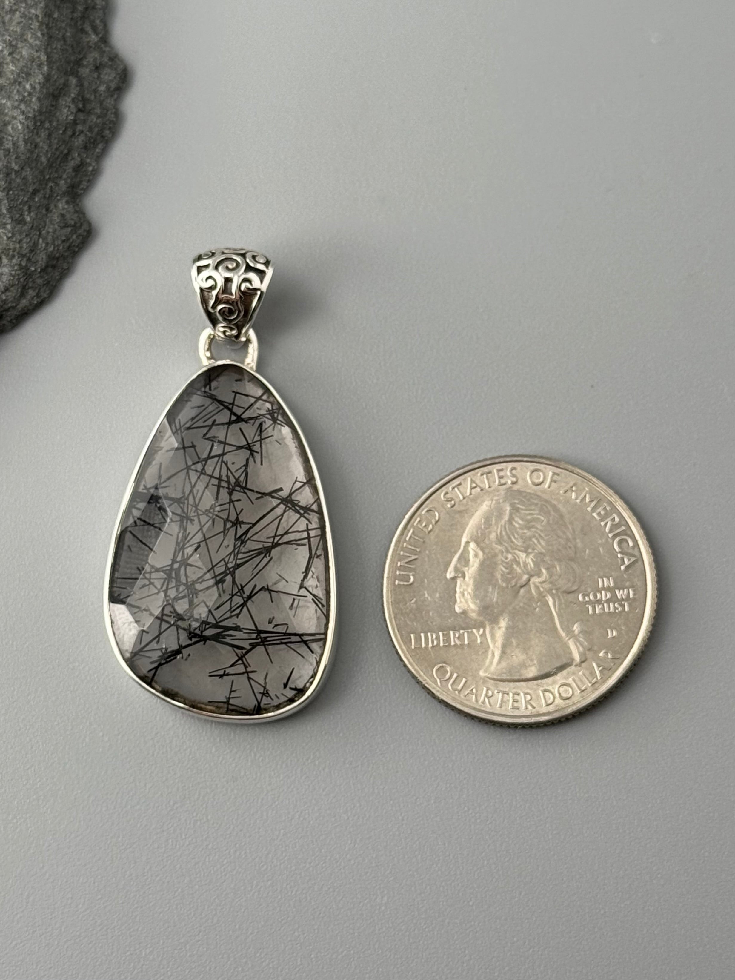 •TOURMALINATED QUARTZ - TEARDROP• sterling silver pendant