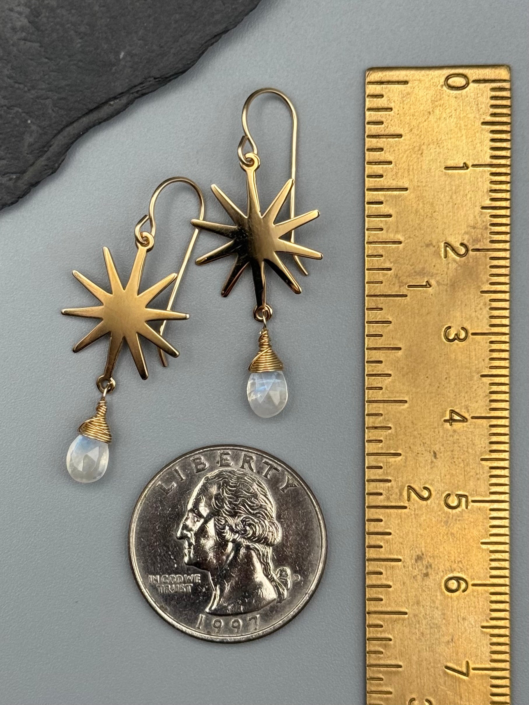 •STARBURST• rainbow moonstone + gold earrings