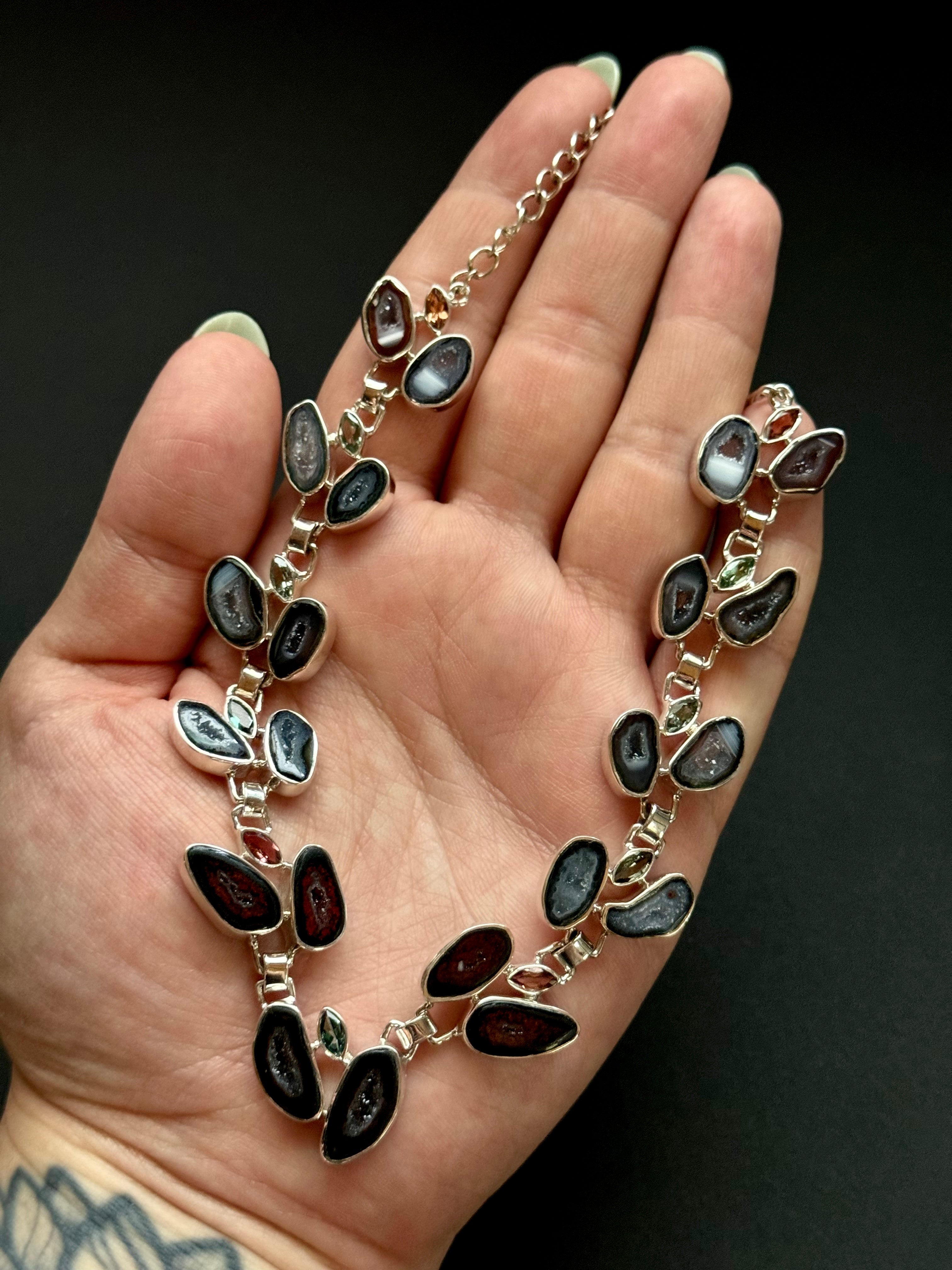 •GEODE DRUZY + TOURMALINE• multi-stone + silver necklace (ADJ to 18")