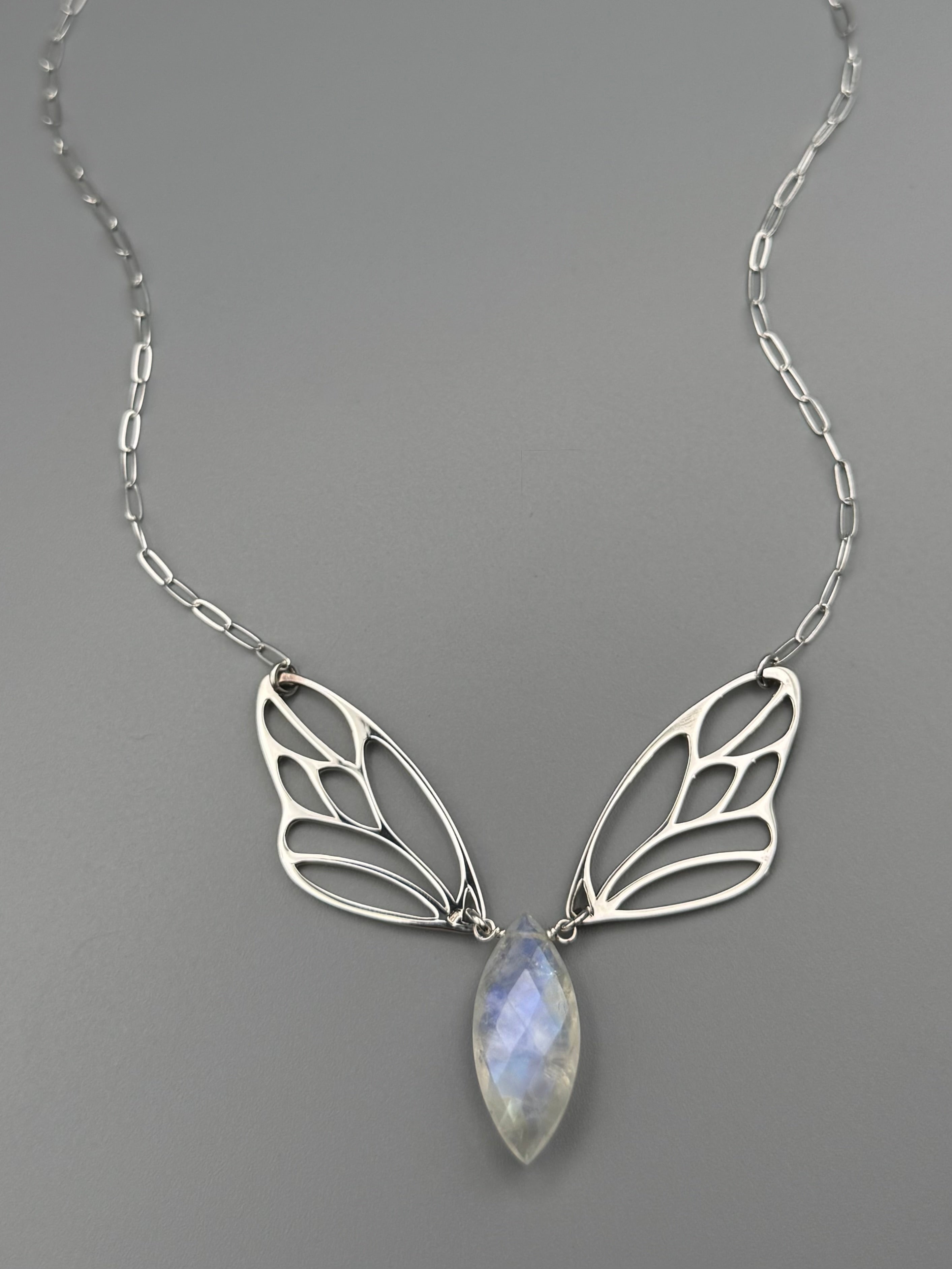 •METAMORPH• rainbow moonstone marquise + silver necklace (18"-20" long)