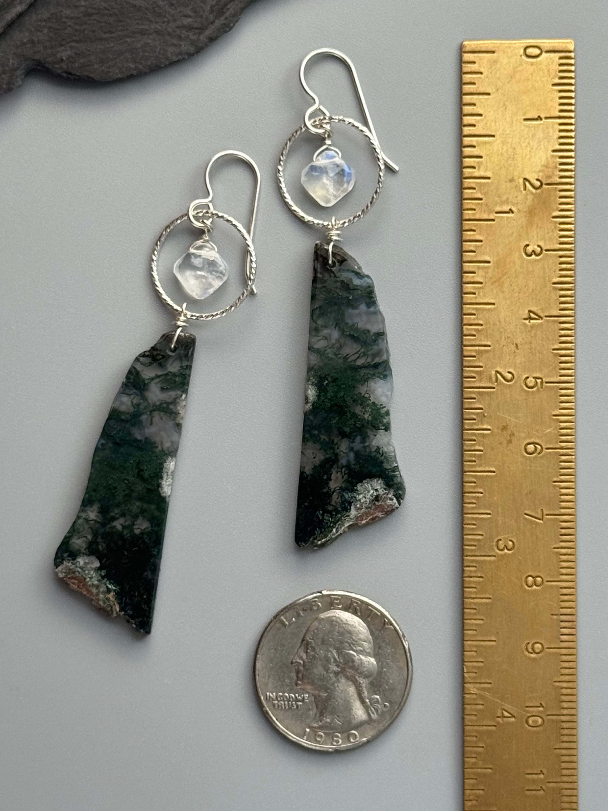•LUNA• rainbow moonstone + moss agate silver earrings