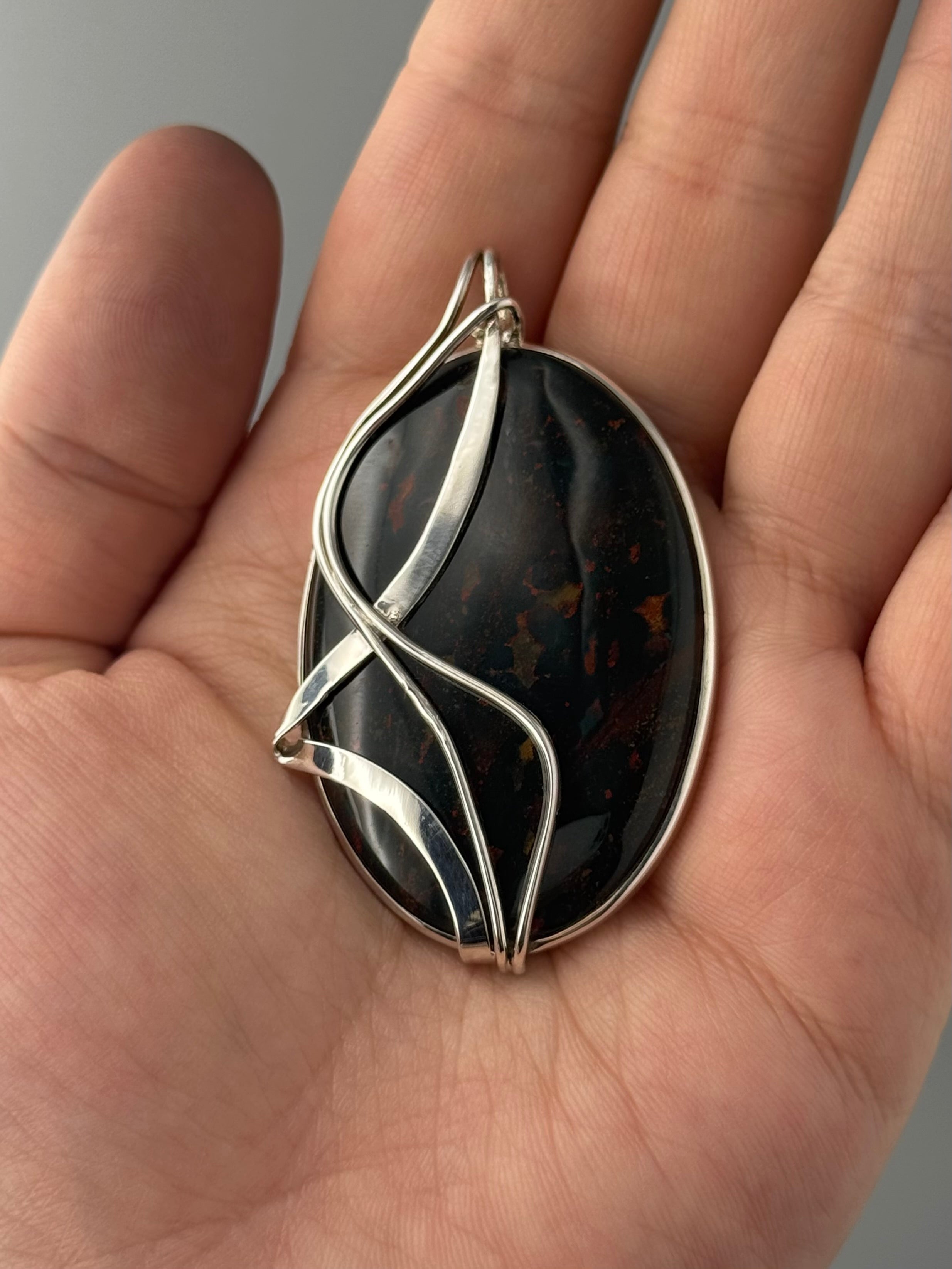 •BLOODSTONE - WIRE WRAPPED OVAL - 2• sterling silver pendant