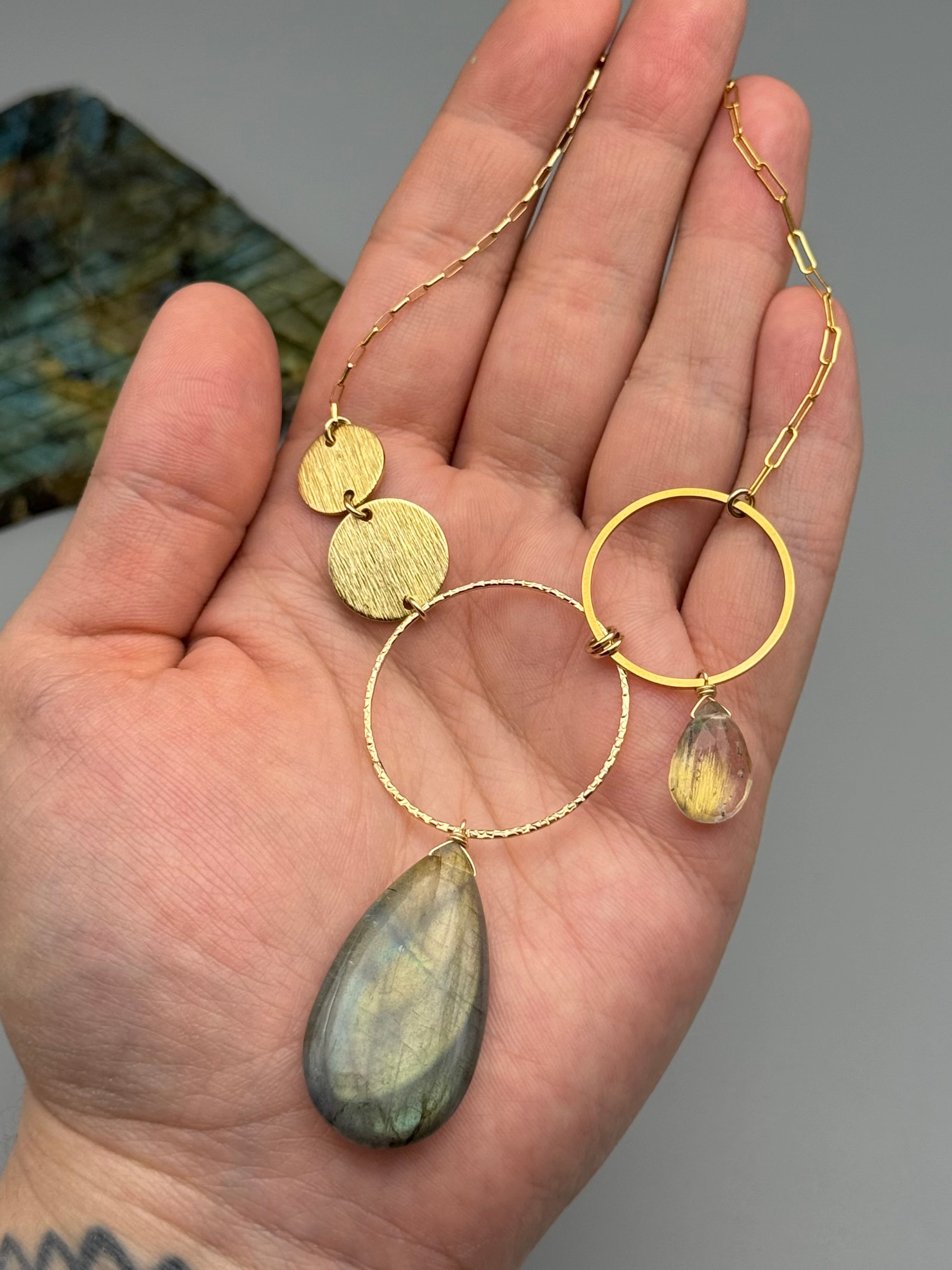 •UNION• rutilated quartz + labradorite gold necklace (16"-18" long)