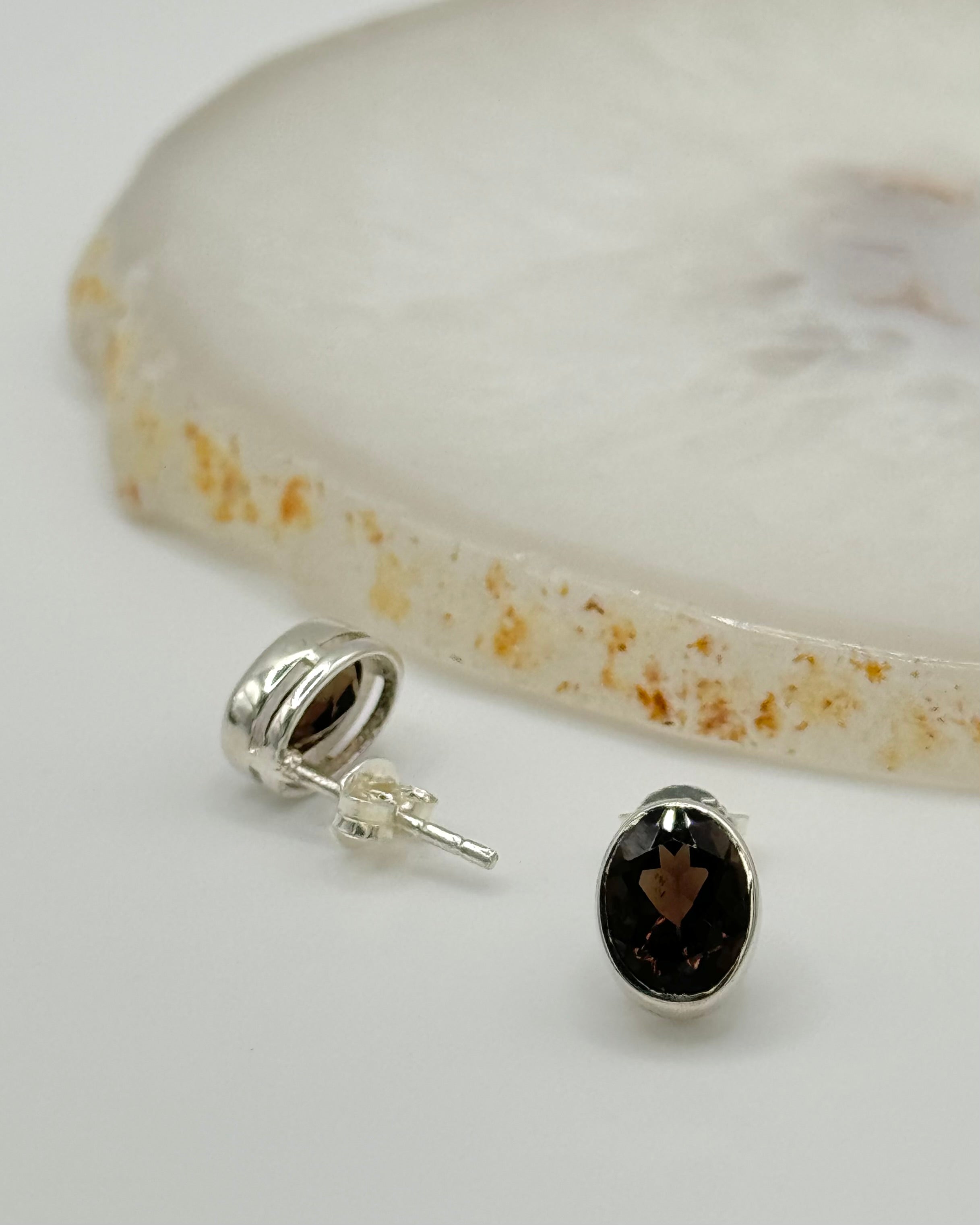 •FACETED SMOKY QUARTZ - LIL' OVAL• silver bezel set stud earrings