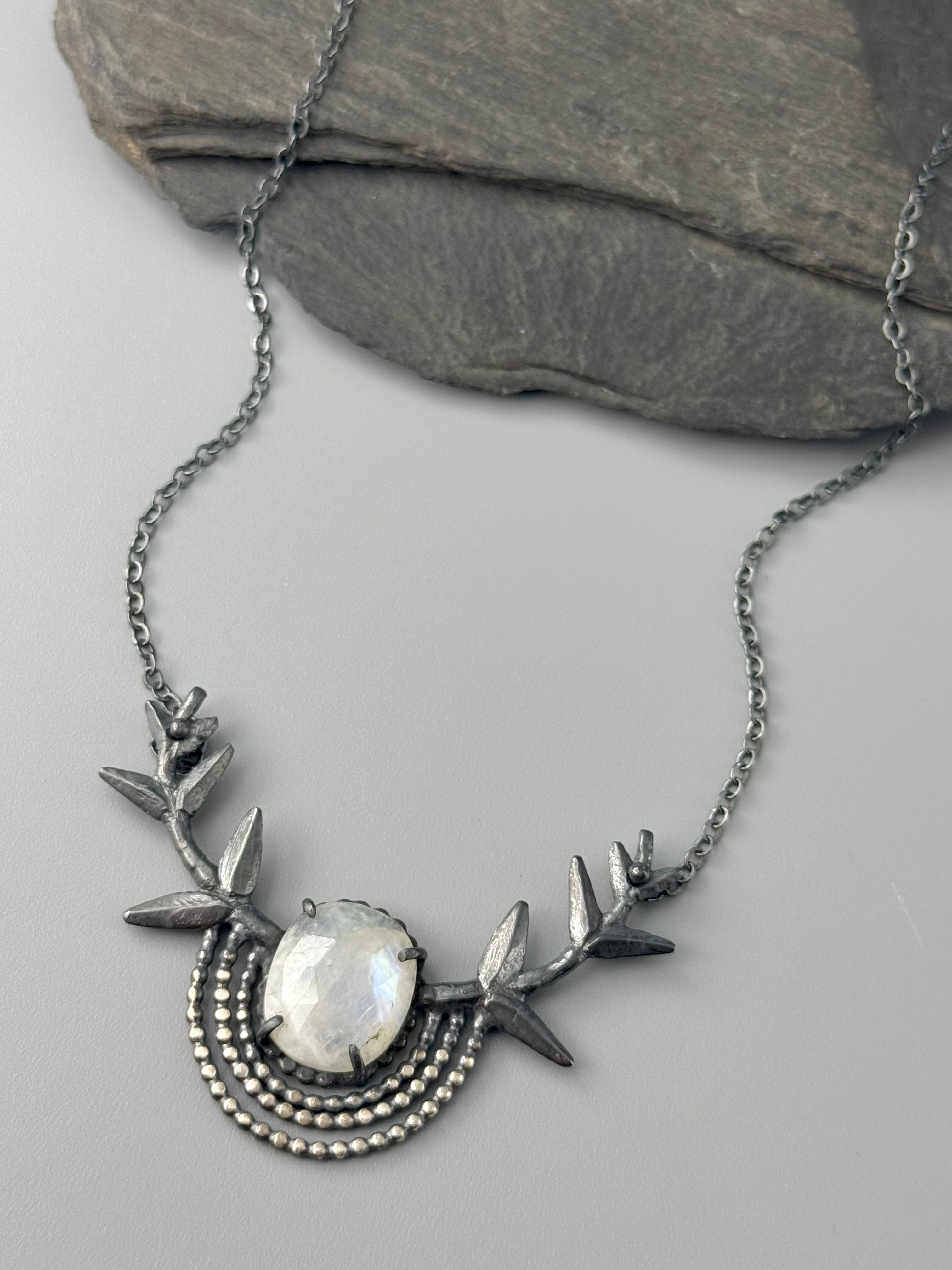 •BRANCHED OUT• rainbow moonstone oval + branches + silver necklace (18" long)