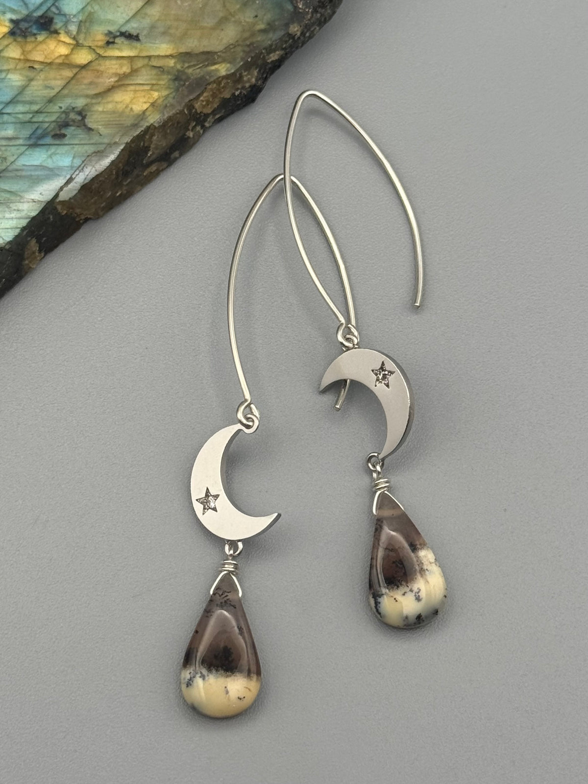 •CRYSTAL CRESCENT• dendritic opal tear + silver earrings
