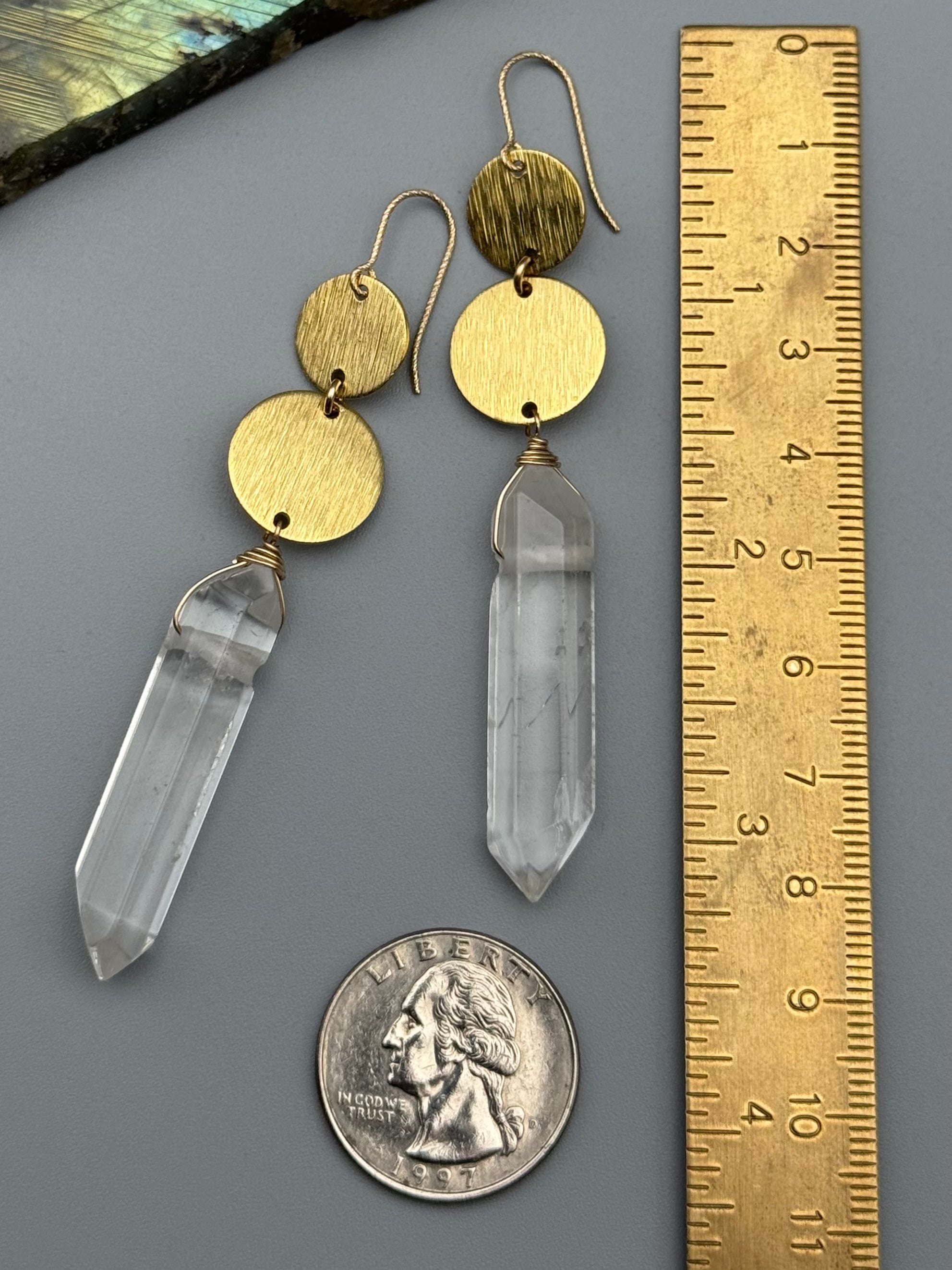 •MOON STACK• double terminated quartz + gold earrings