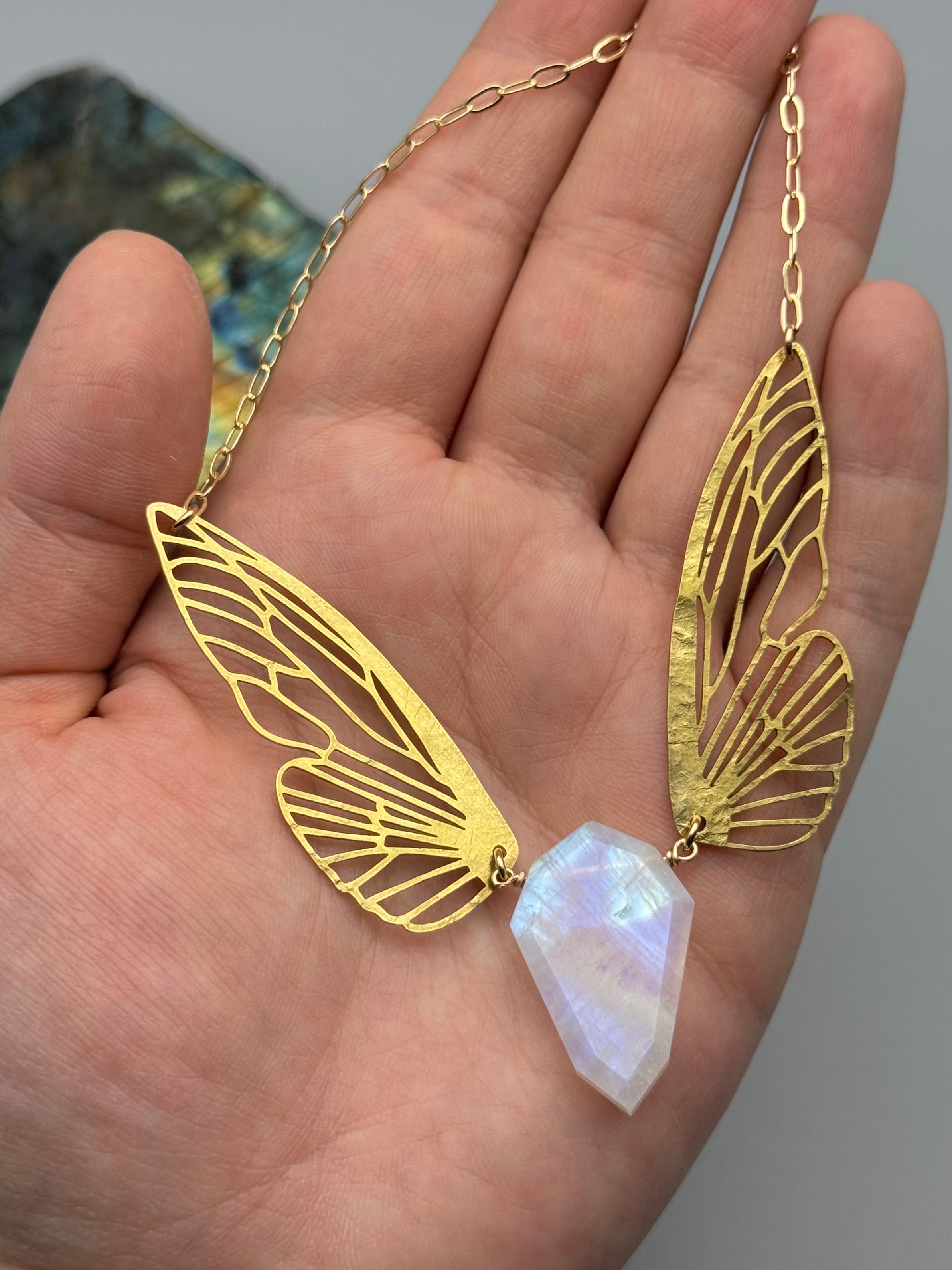 •METAMORPH• rainbow moonstone petal + gold necklace (16"-18" long)