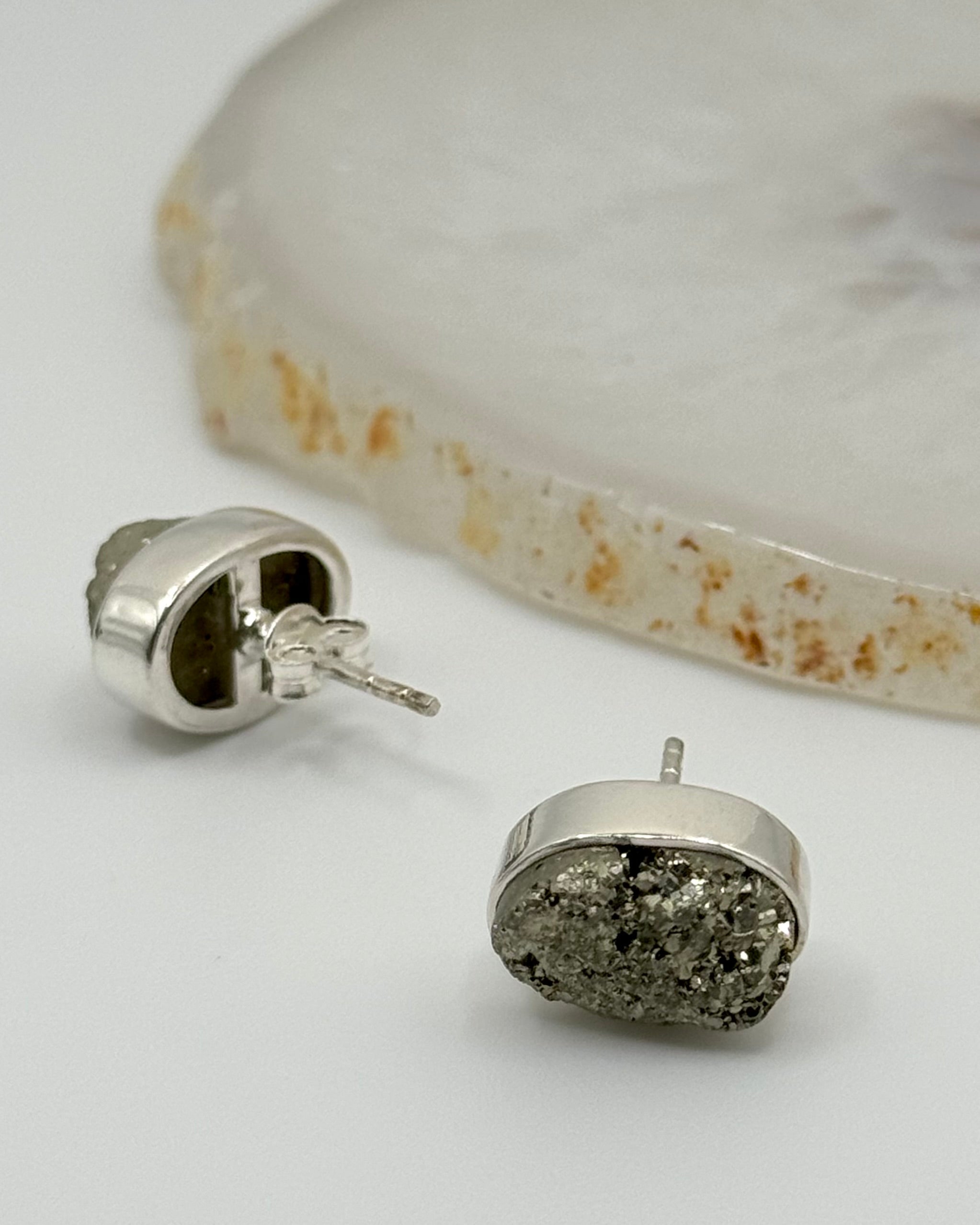 •PYRITE - OVAL• silver bezel set stud earrings