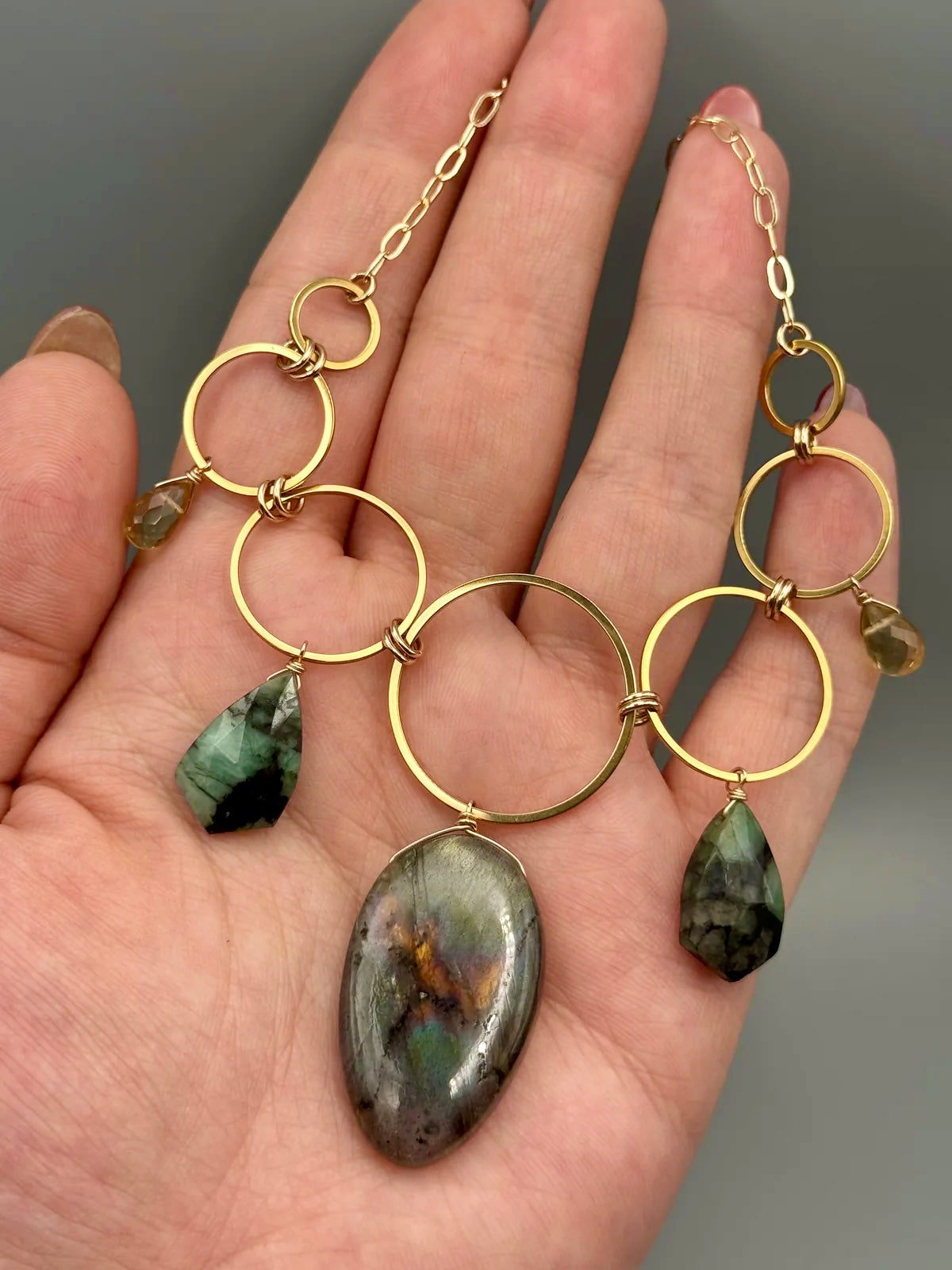 •UNION• labradorite + emerald + citrine gold necklace (18"-20" long)