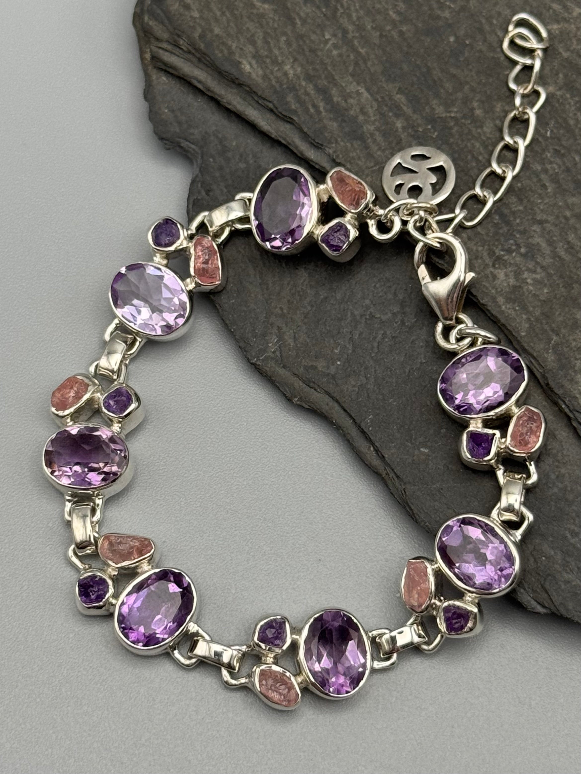 •AMETHYST + ROSE QUARTZ• linked silver bracelet (6.25" - 7.5")