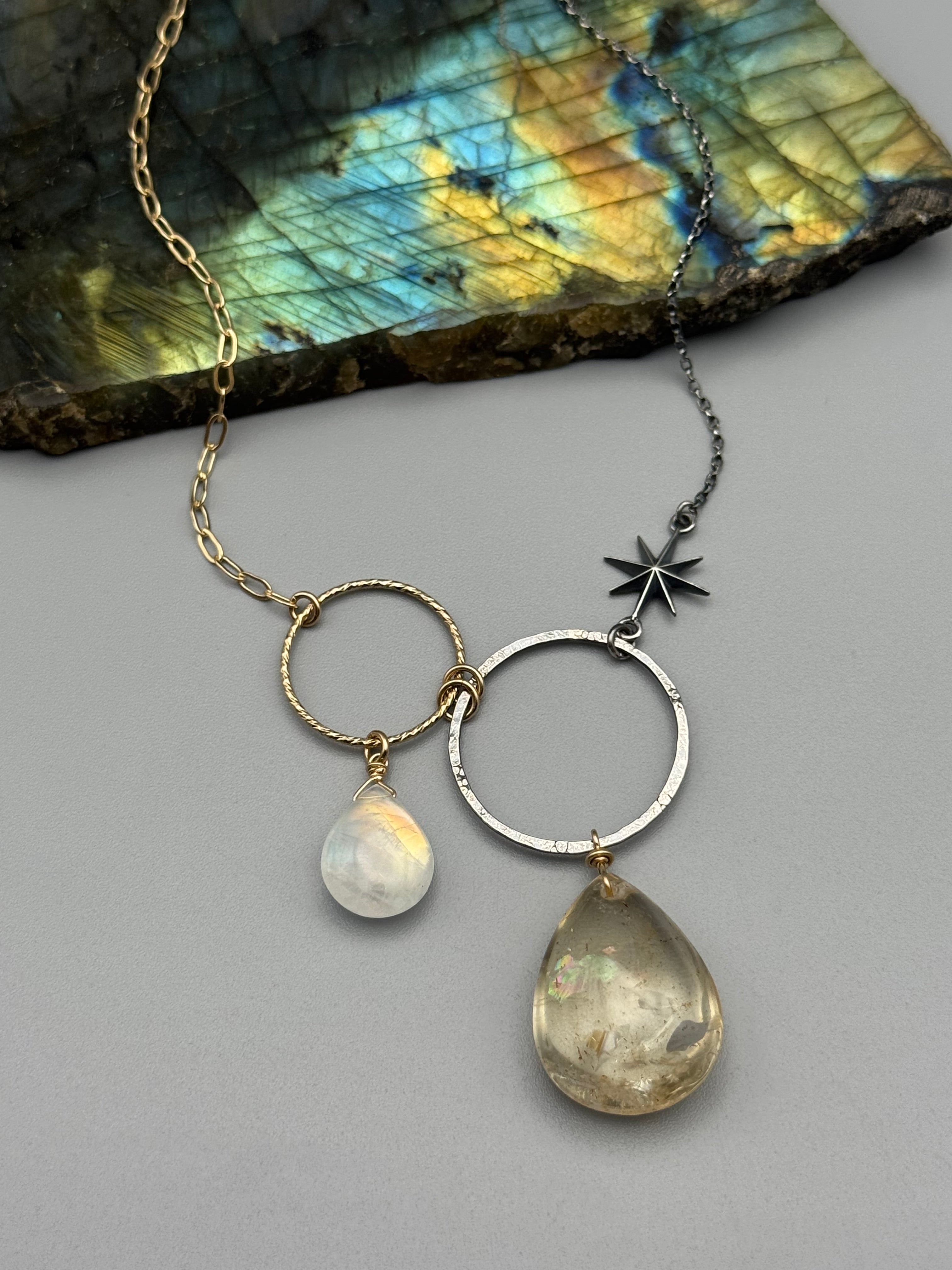 •UNION• rainbow moonstone + citrine mixed metal necklace (18"-20" long)