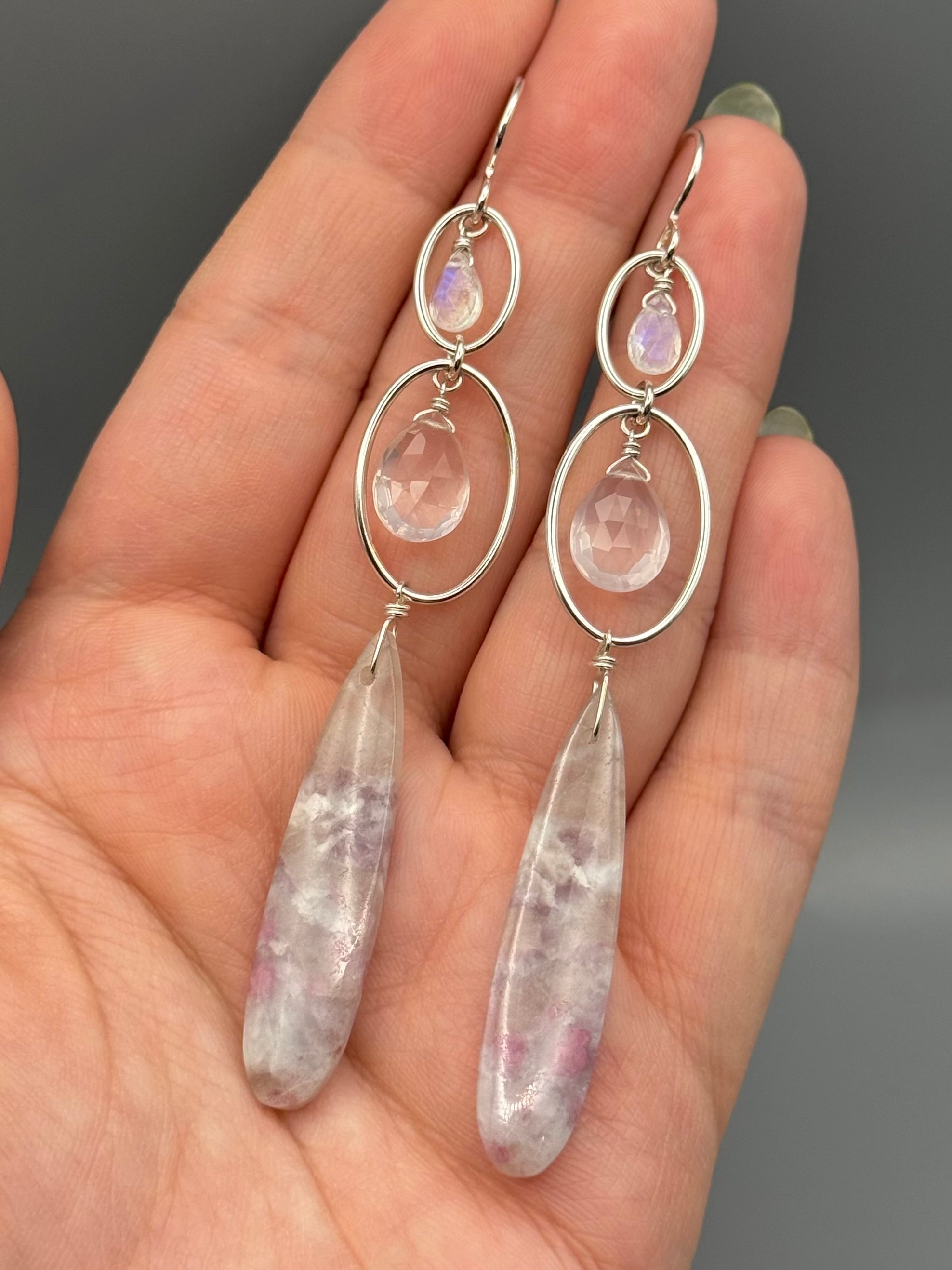 •4 OF CUPS• moonstone, rose quartz, + lepidolite silver earrings