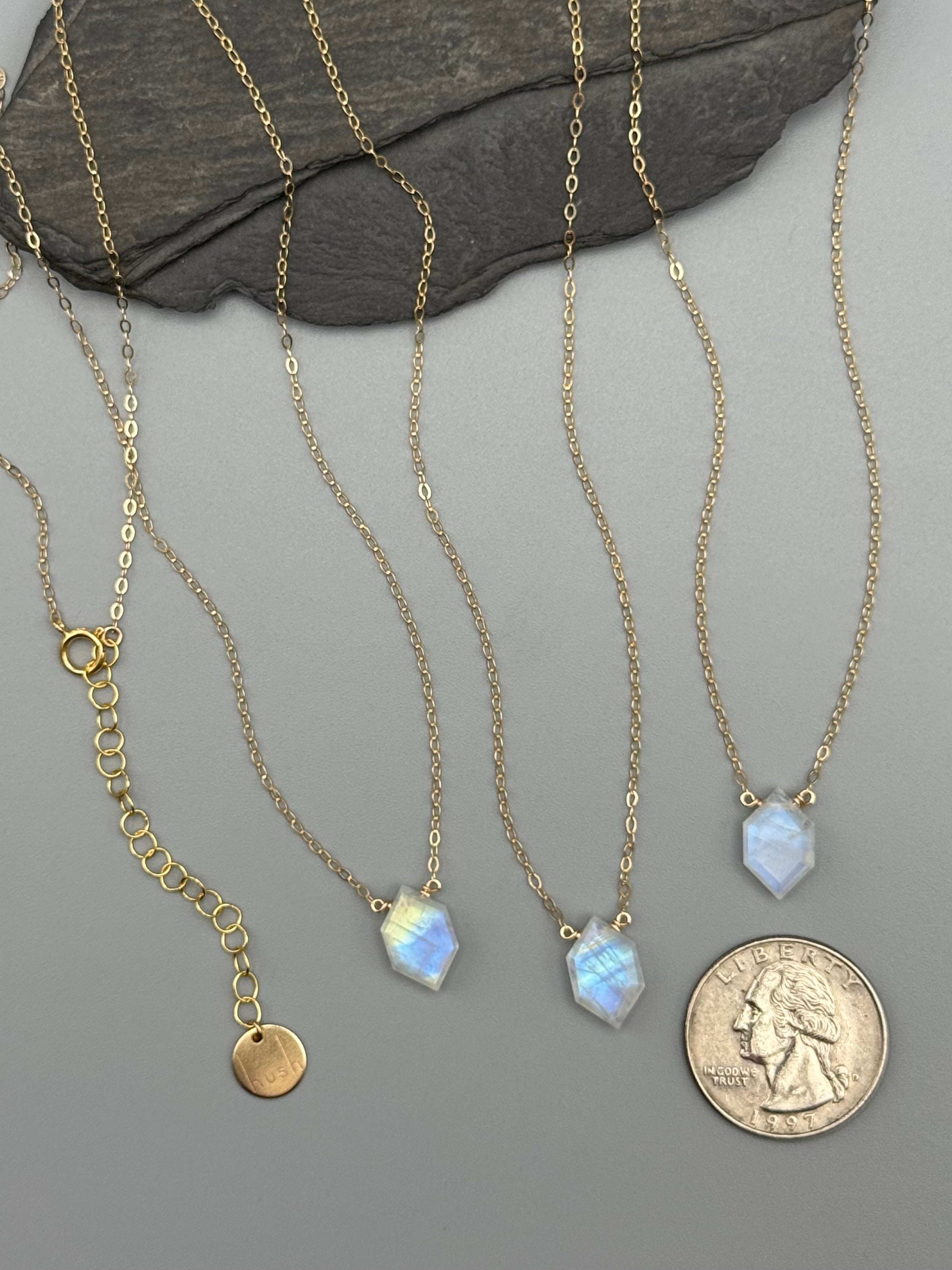 •STRAY• faceted rainbow moonstone lil' hex + gold necklace (various lengths)