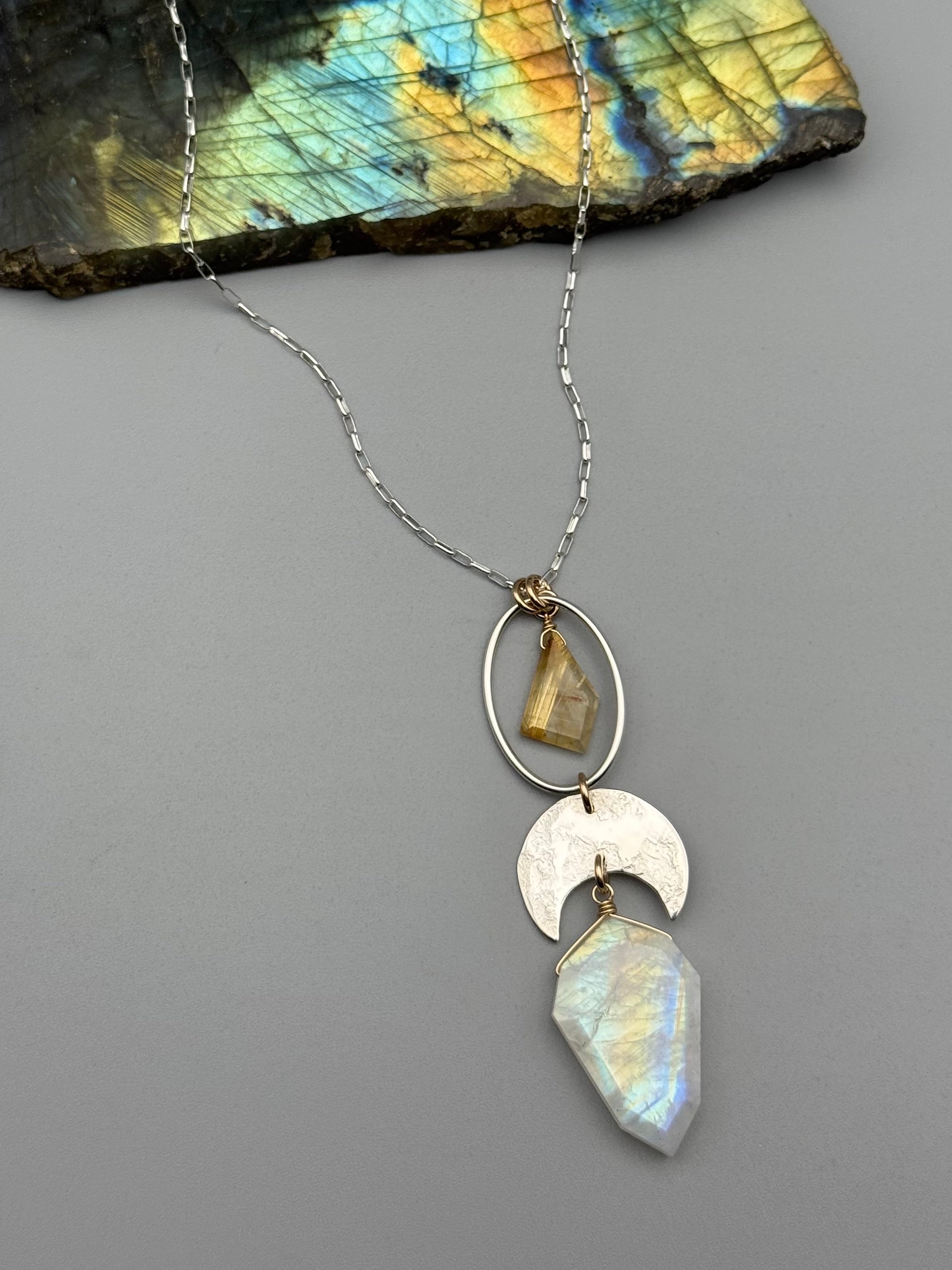 •NYX• rutilated quartz + rainbow moonstone petal mixed metal necklace (26"-28" long)