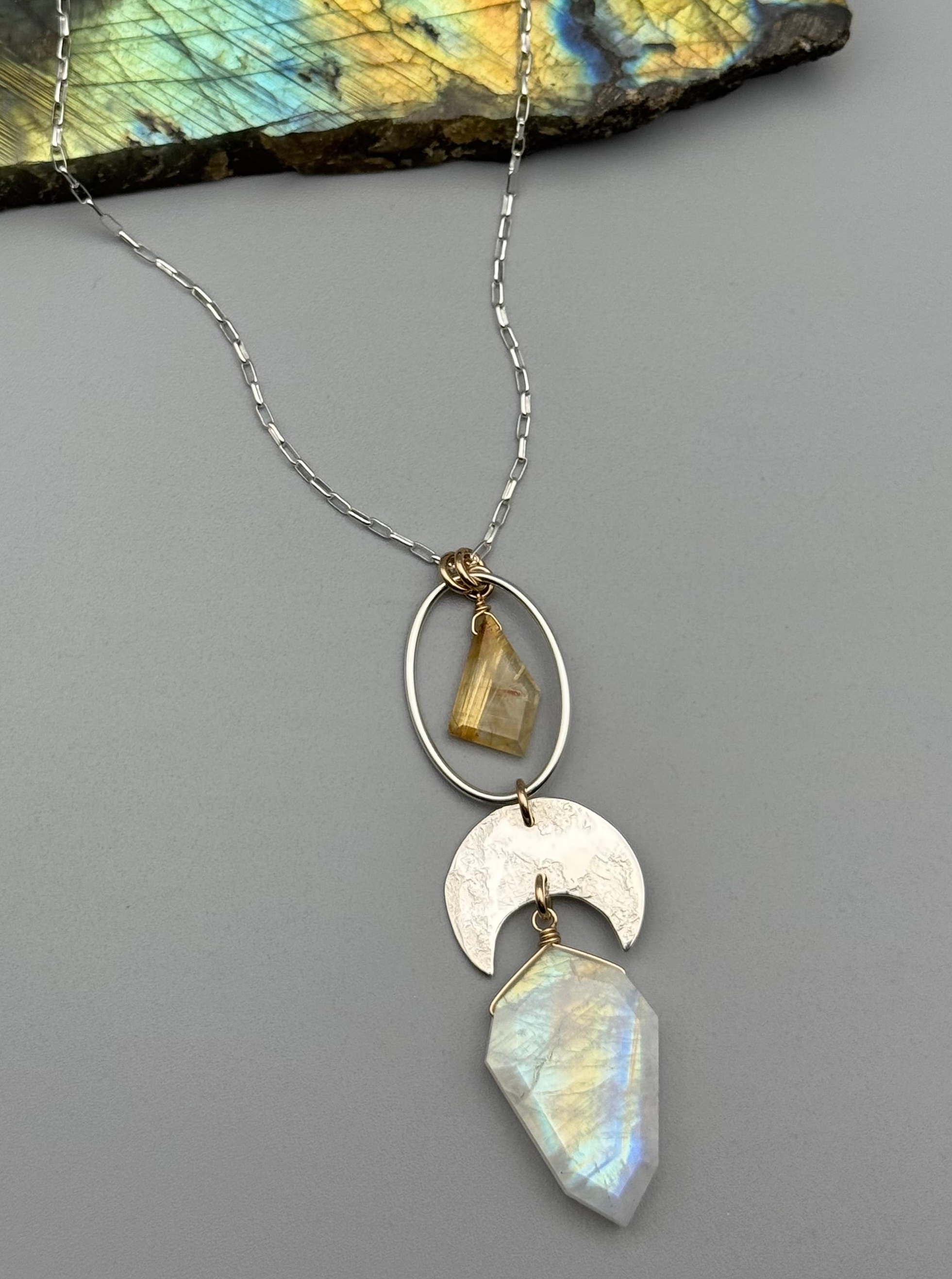 •NYX• rutilated quartz + rainbow moonstone petal mixed metal necklace (26"-28" long)