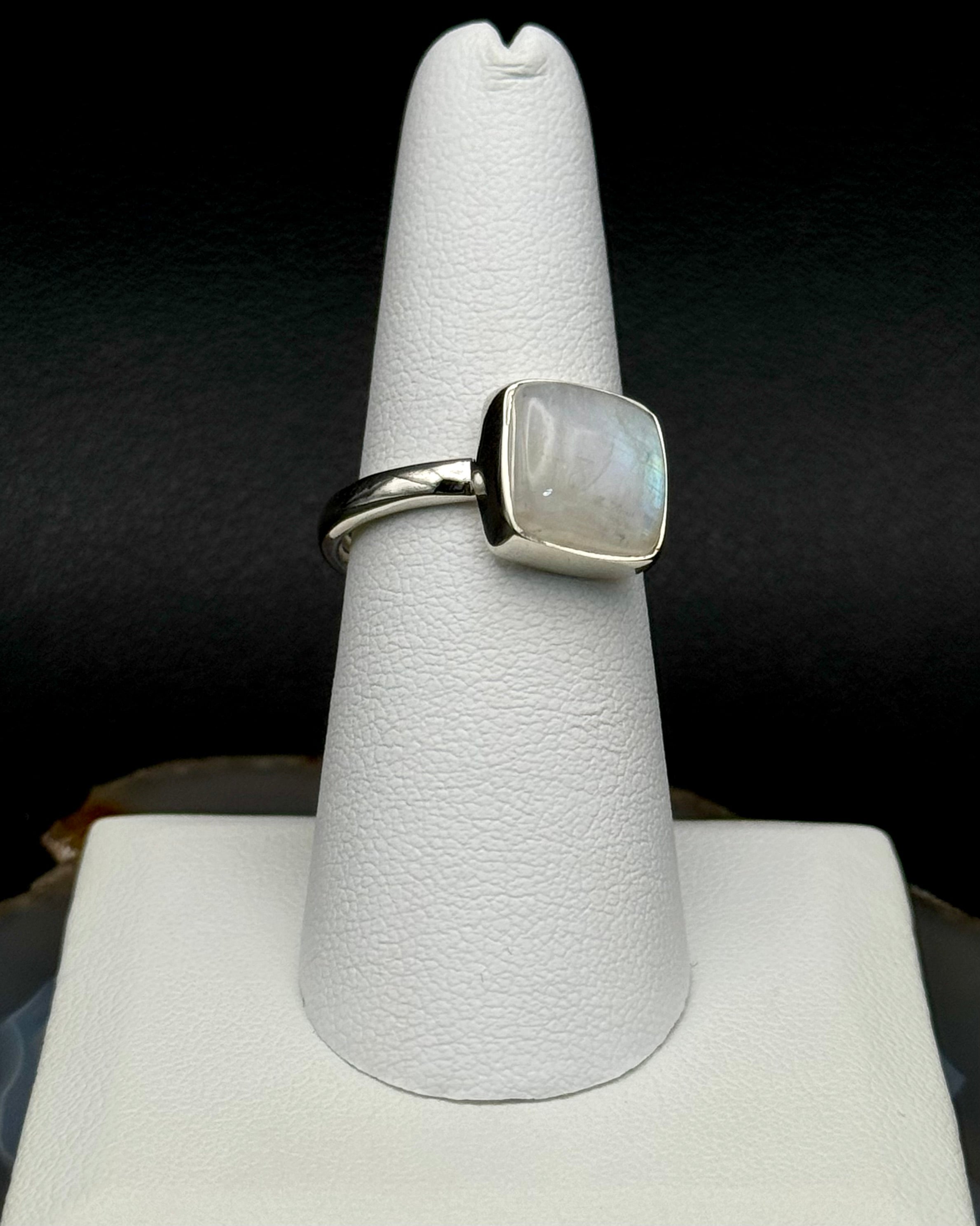 •RAINBOW MOONSTONE - MEDIUM SOFT SQUARE• silver ring (size 8)