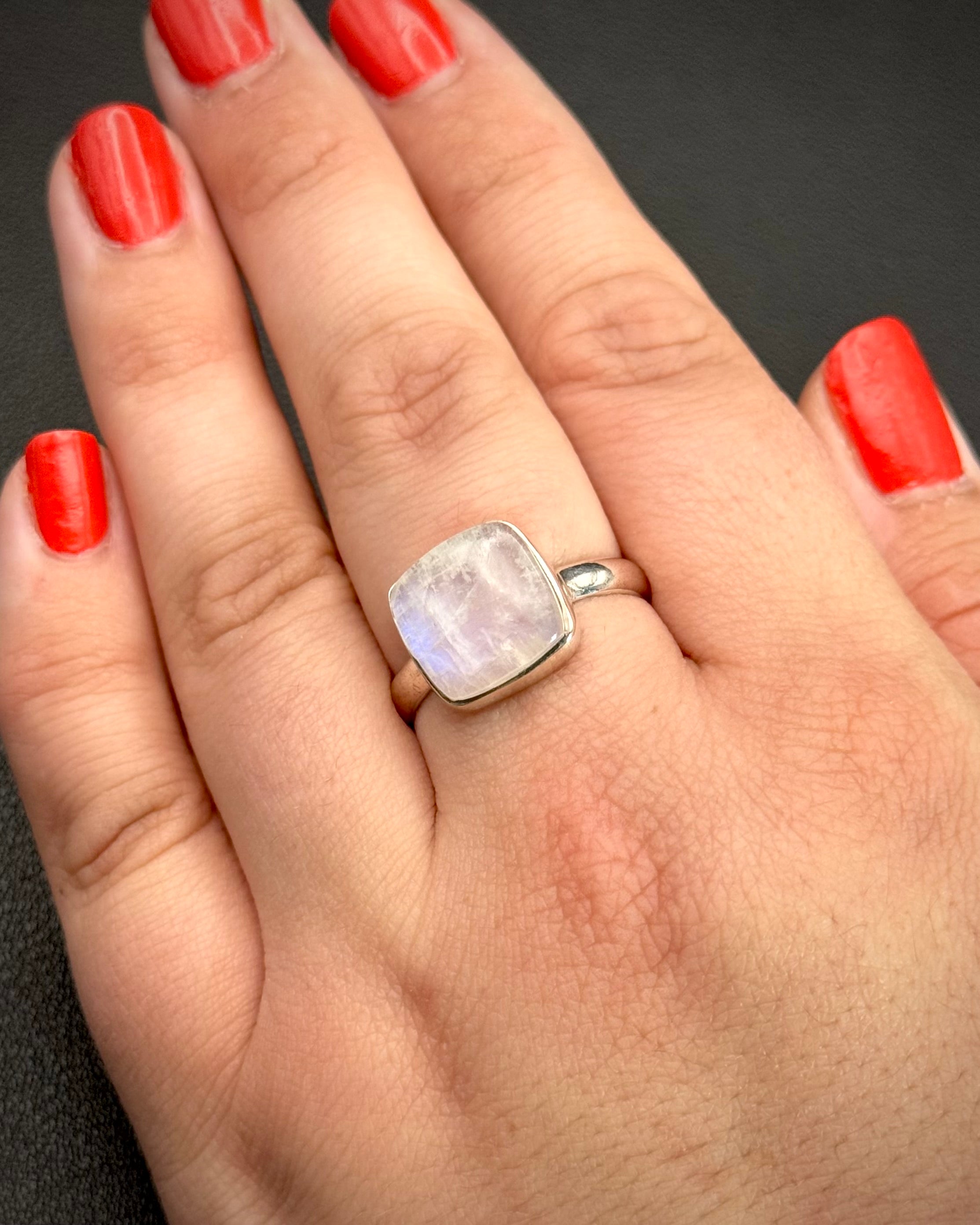 •RAINBOW MOONSTONE - LARGE SOFT SQUARE• silver ring (size 11.25)