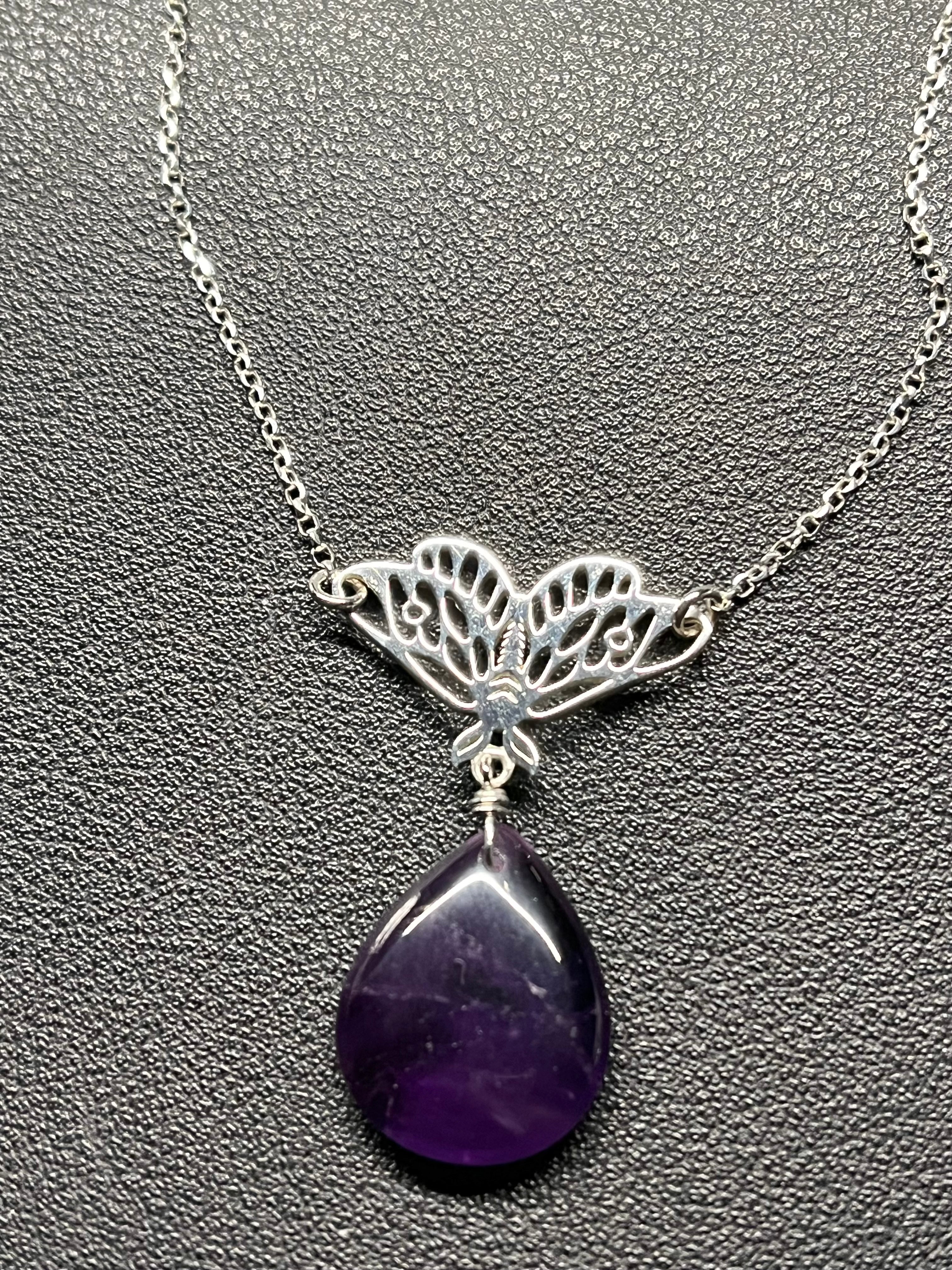 •GUIDE• amethyst + moth + silver necklace (16"-18")