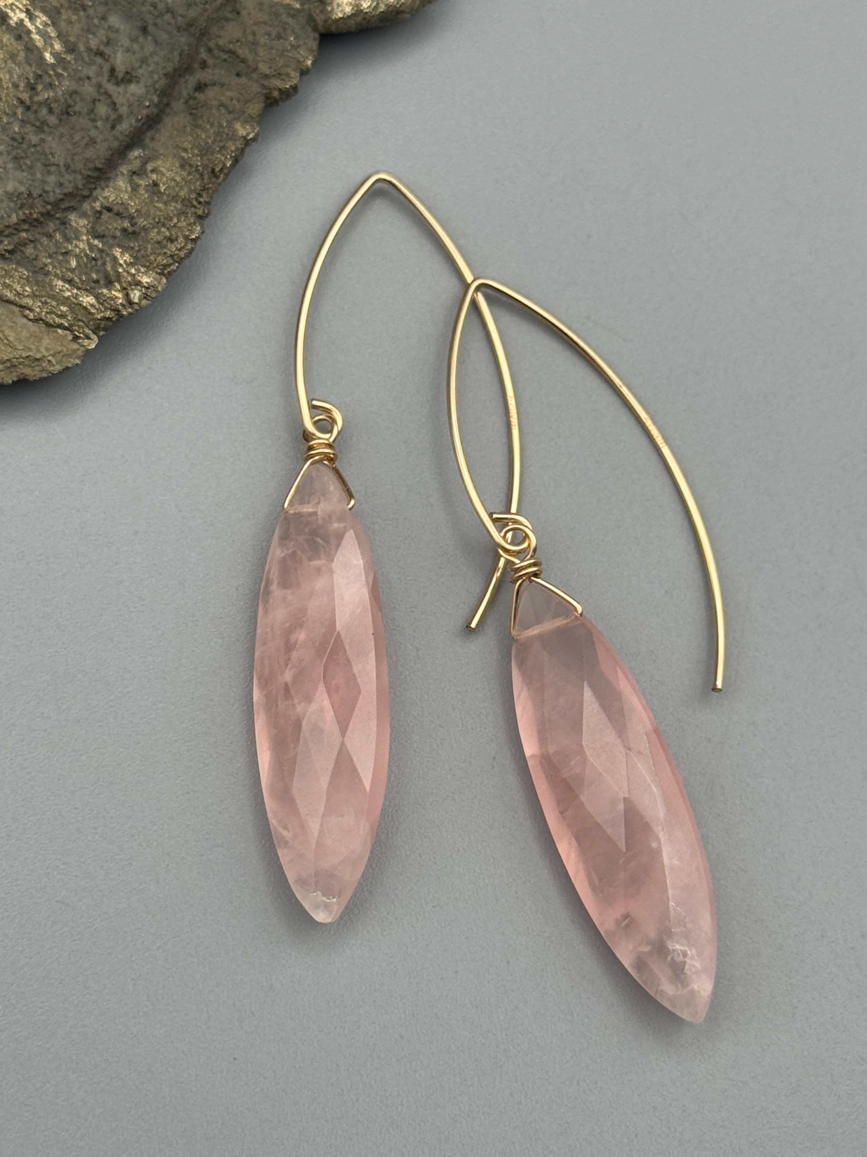 •STRAY• rose quartz marquise + gold earrings