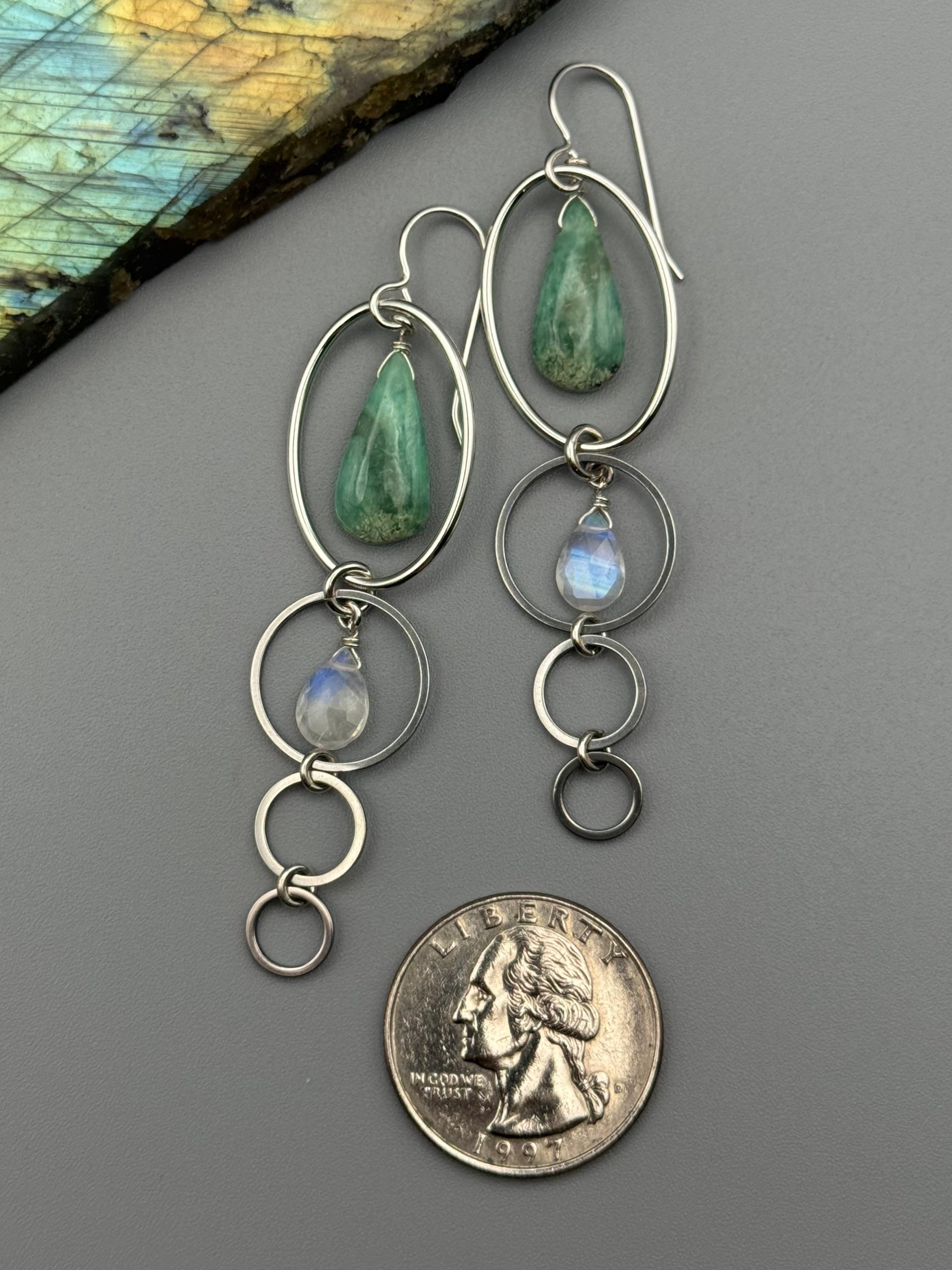 •8 OF CUPS• chrysoprase + rainbow moonstone silver earrings