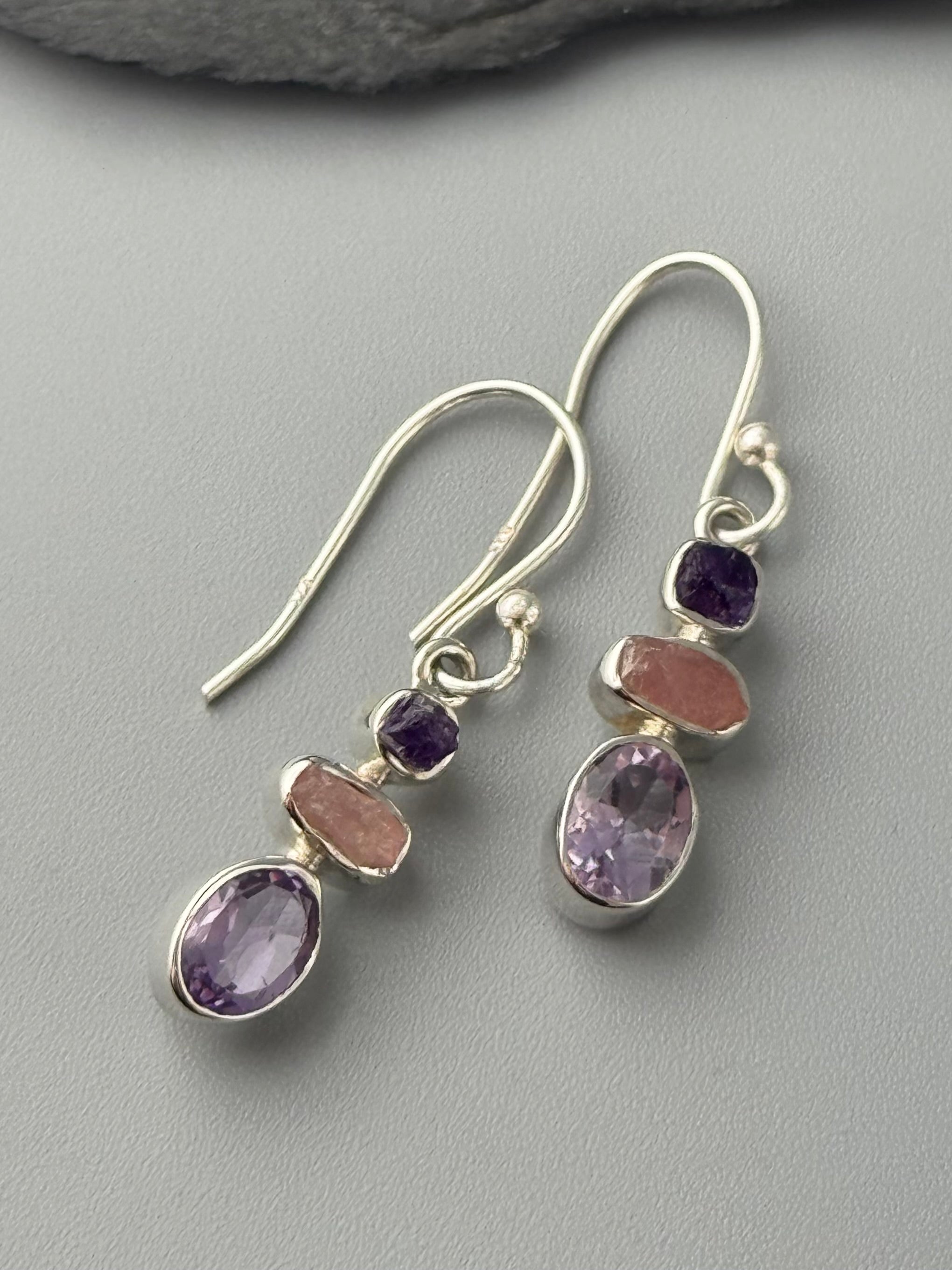 •AMETHYST + ROSE QUARTZ - OVAL STACK• silver dangle earrings