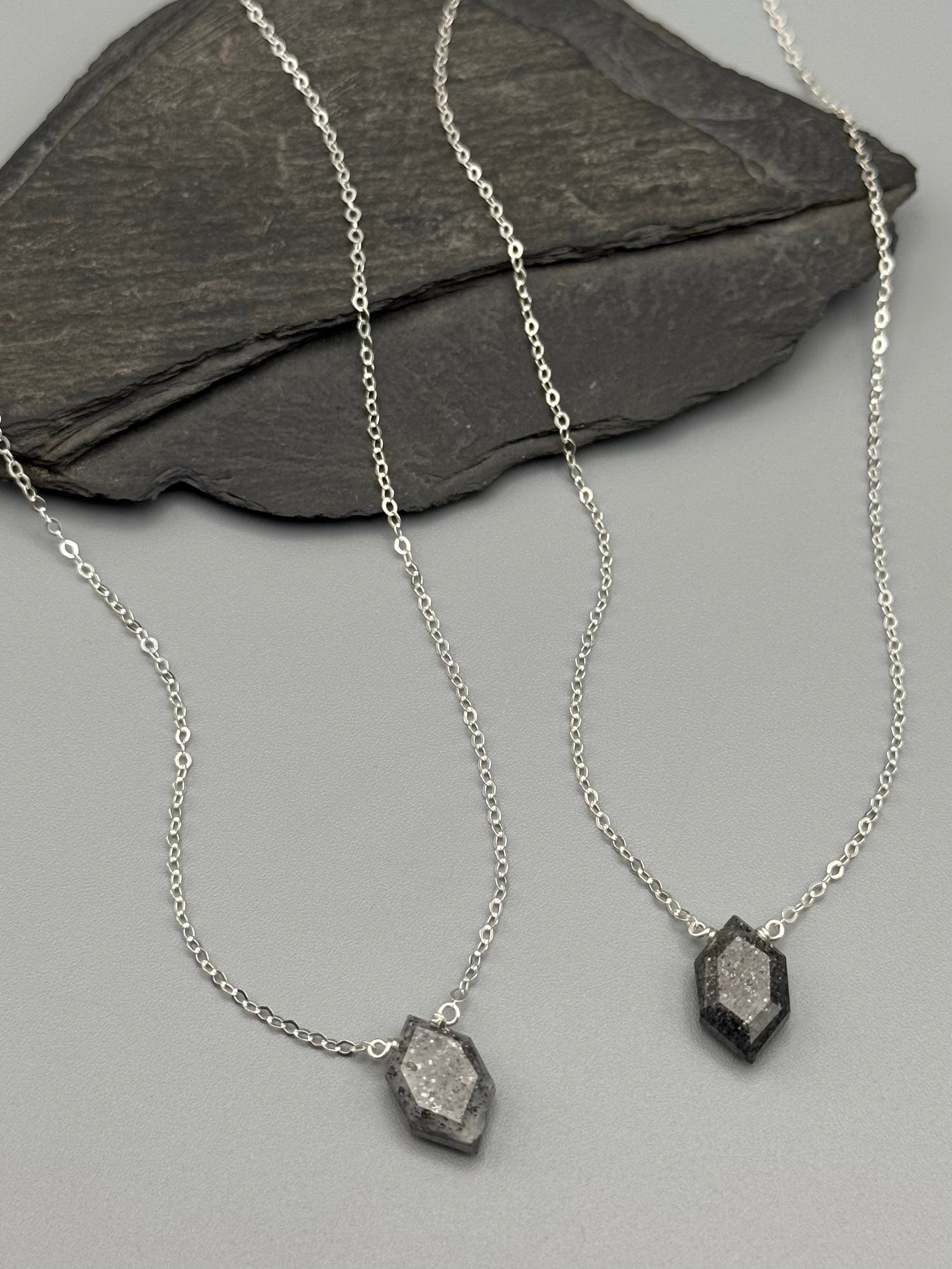 •STRAY• faceted black aventurine lil' hex + silver necklace (various lengths)