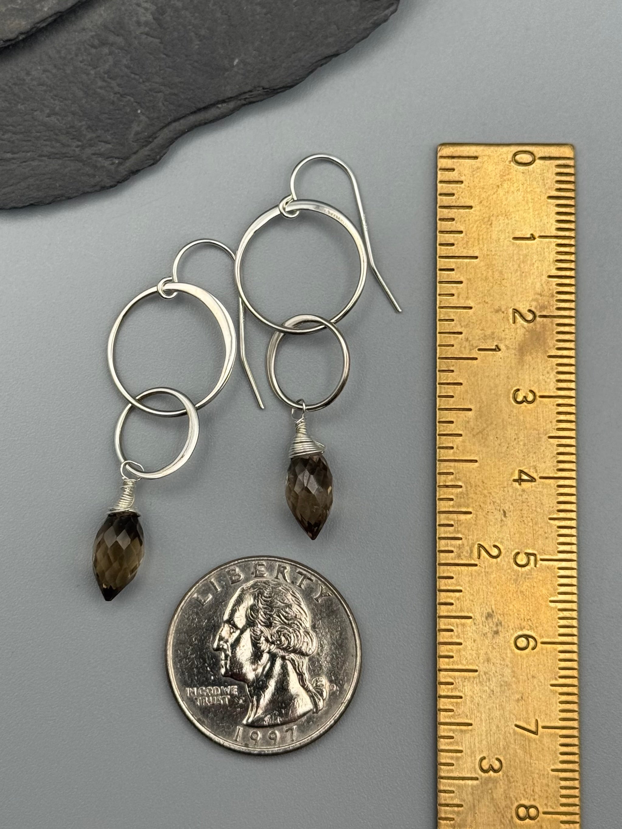 •DOUBLE HOOP• smoky quartz + silver earrings