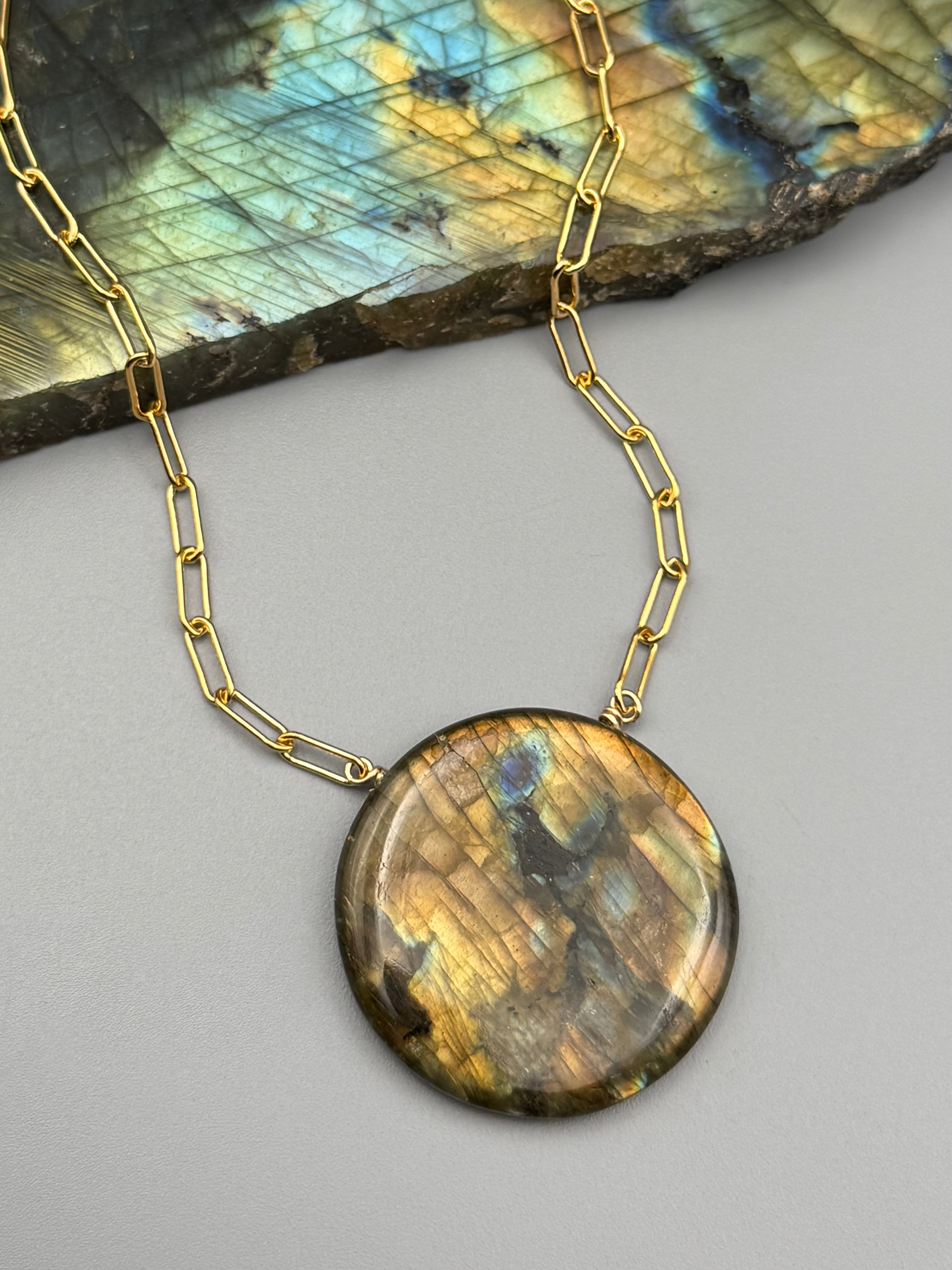•AEON• labradorite coin + gold necklace (18"-20" long)